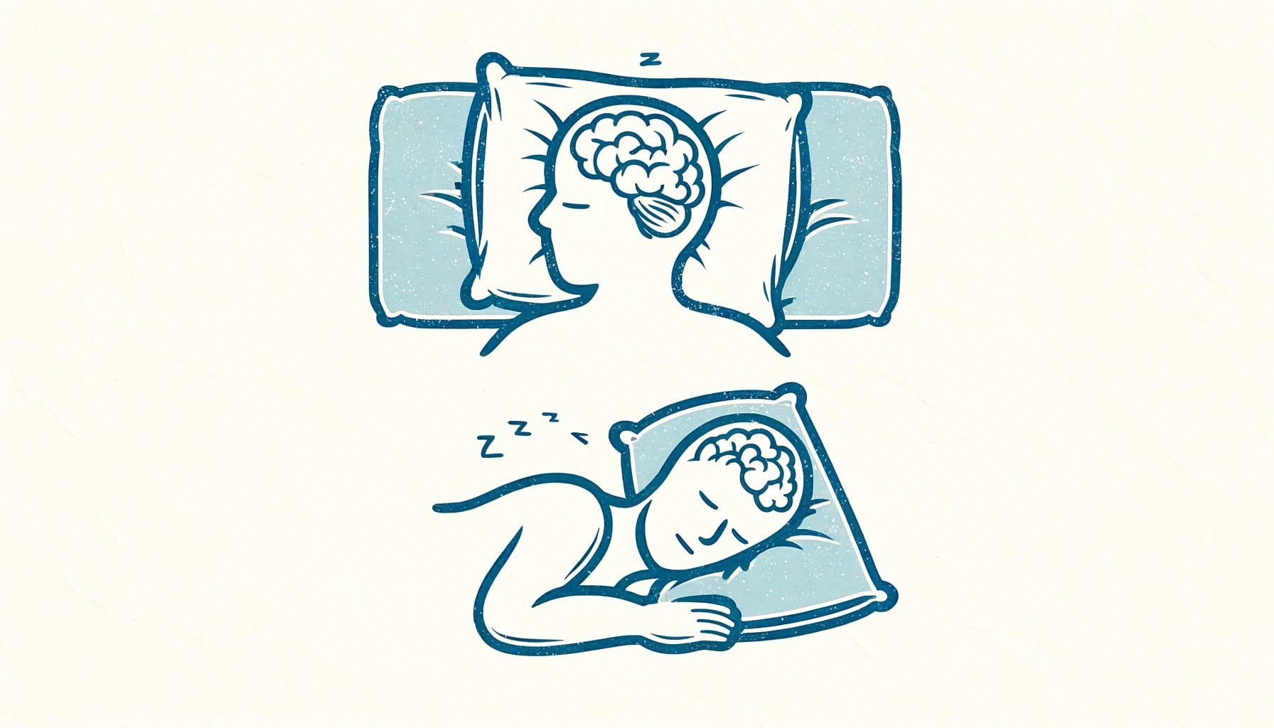 Illustration showing two people sleeping on pillows, one on their back and one on their side, with visible brain images and 'Z' symbols indicating sleep. This visual aids in understanding the health impacts of different sleeping positions.