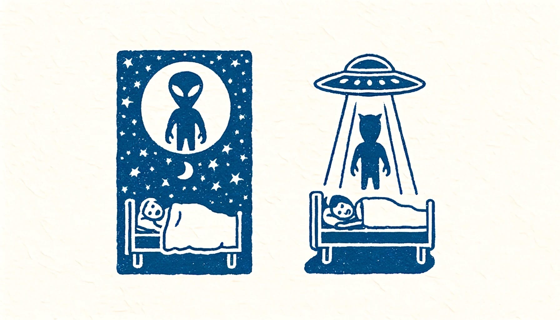 A child sleeps in bed in various sleeping positions while an alien appears in the window, and another child is visited by a UFO with an alien figure descending next to their bed, raising questions about the health impacts of extraterrestrial encounters during sleep.