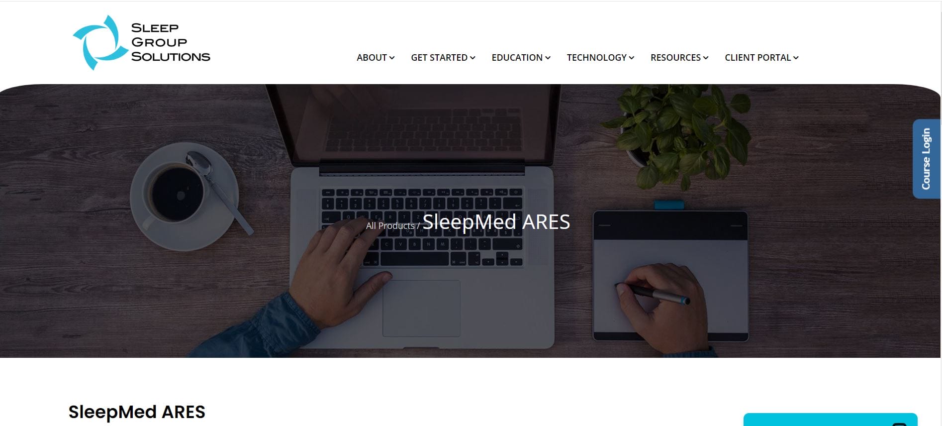 A person typing on a laptop with a cup of coffee and a notepad on the desk. The screen displays the text "SleepMed ARES" along with a pricing guide. The Sleep Group Solutions logo is in the upper left corner.