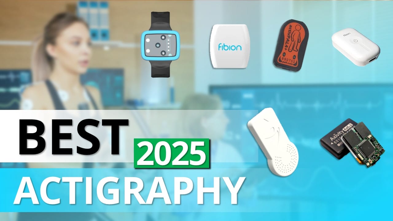 Image showcasing the words "Best Actigraphy 2025" alongside various actigraphy devices, set against a blurred background of a researcher in a lab setting.