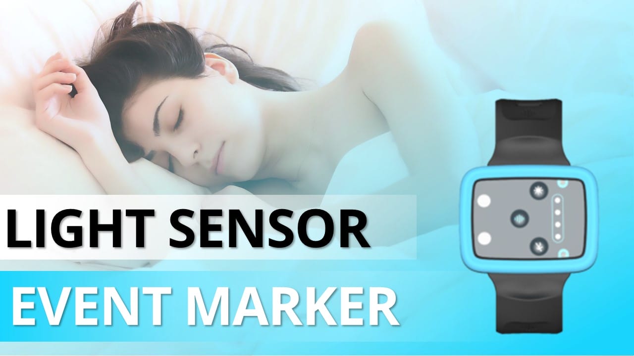 A person sleeping in bed is shown beside a smartwatch display highlighting the features of light sensors and an event marker.