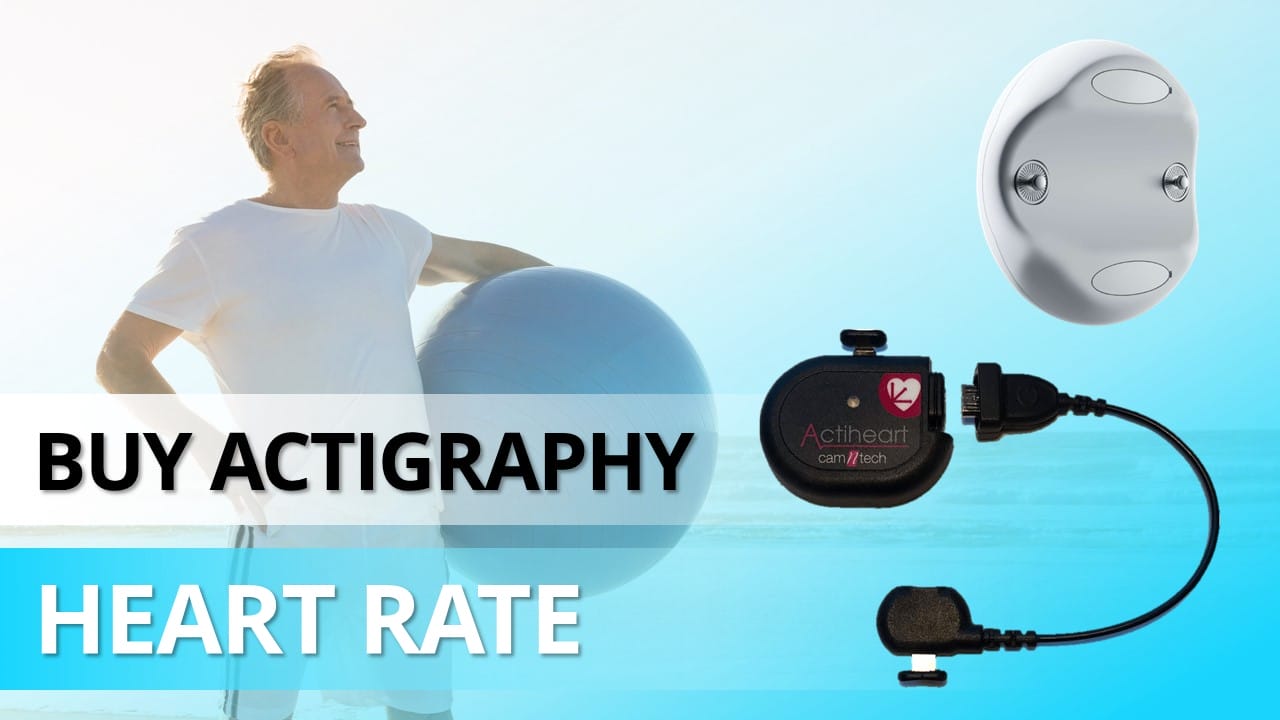 An older man holding an exercise ball smiles against a blue background. Text reads, "Buy Actigraphy Heart Rate Device Guide." A fitness wristband and sensor are shown.