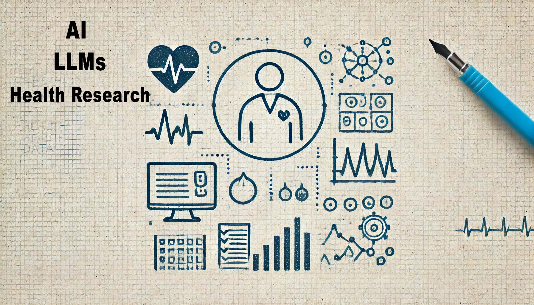 Illustration depicting health research involving AI and predictive analytics, featuring icons of medical imagery, graphs, and data analysis surrounding a central doctor figure.