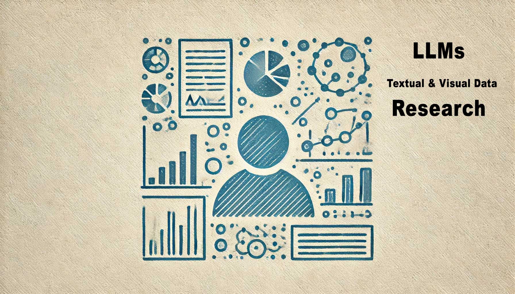 An abstract illustration of a person surrounded by charts, graphs, and data icons. The text on the right side reads "Advanced Data Interpretation: LLMs Textual & Visual Data Research.