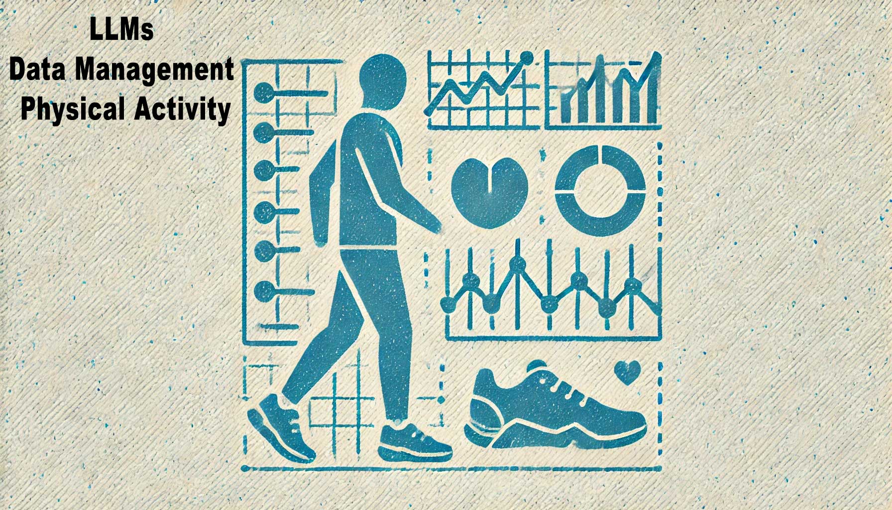 Illustration of a person walking among various charts and graphs showing data related to physical activity. Text reads "LLMs Smart Data Handling Physical Activity.