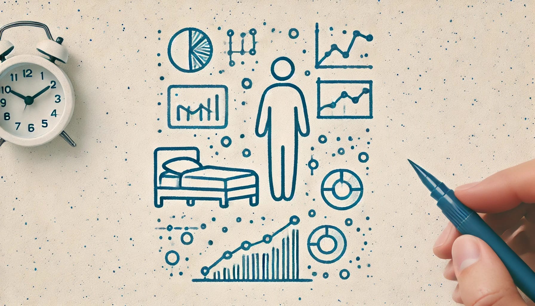 A hand holding a pen points to a drawing of a person surrounded by icons representing health, sleep, graphs, and a clock, illustrating various aspects of health tracking and data analysis. The integration of AI is evident in decoding sleep patterns for deeper insights.