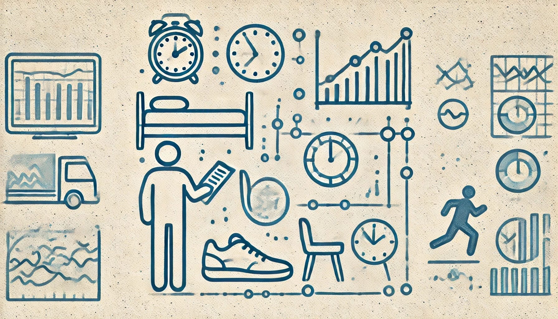 Illustration displaying various symbols representing daily activities, including sleeping, reading, exercising, and analyzing charts, alongside icons of clocks and graphs—perfect for those interested in sleep research or physical activity research.