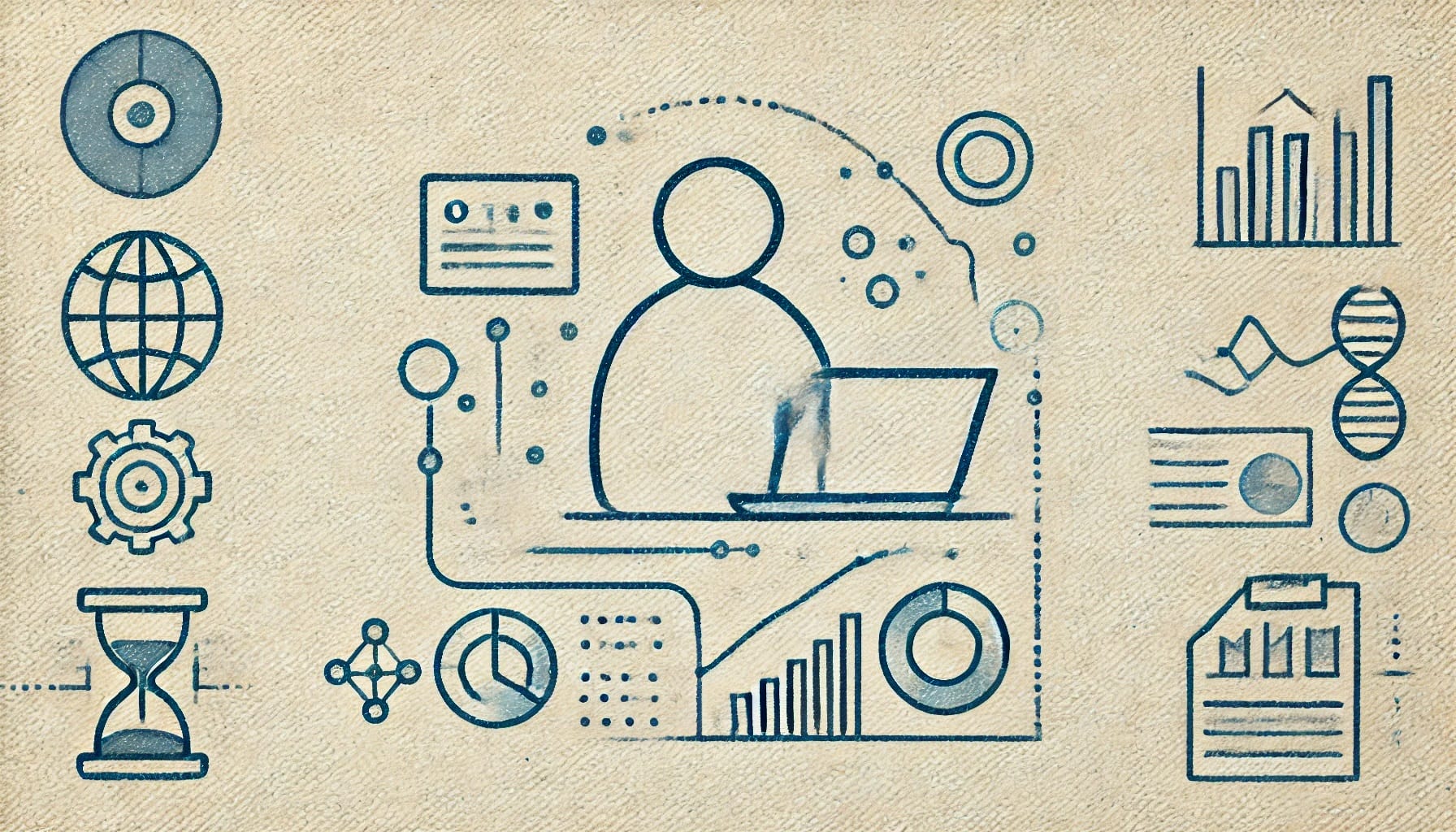 Illustration of a figure using a laptop, surrounded by various icons including graphs, a globe, an hourglass, a DNA strand, and data charts, symbolizing technology and the research process in data analytics.