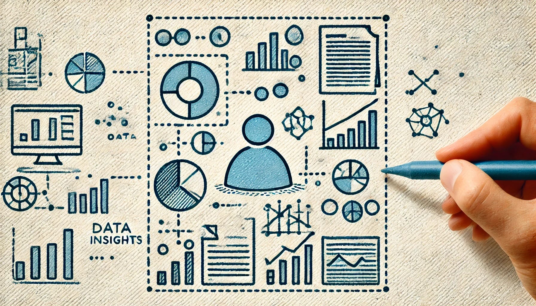 Hand holding a pen drawing various data-related icons, including graphs, charts, a computer, and a person symbol. The illustration represents the concept of advanced data interpretation and analysis through textual and visual data insights.