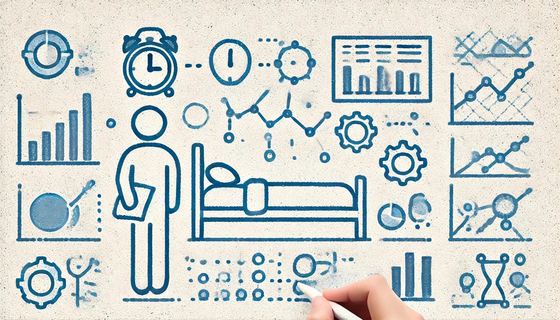 Illustration of sleep and productivity concepts with a person standing by a bed, charts, graphs, gears, a clock, and a hand drawing on a surface. The scene also subtly incorporates circadian rhythm elements to highlight the importance of aligning sleep patterns with natural biological cycles.