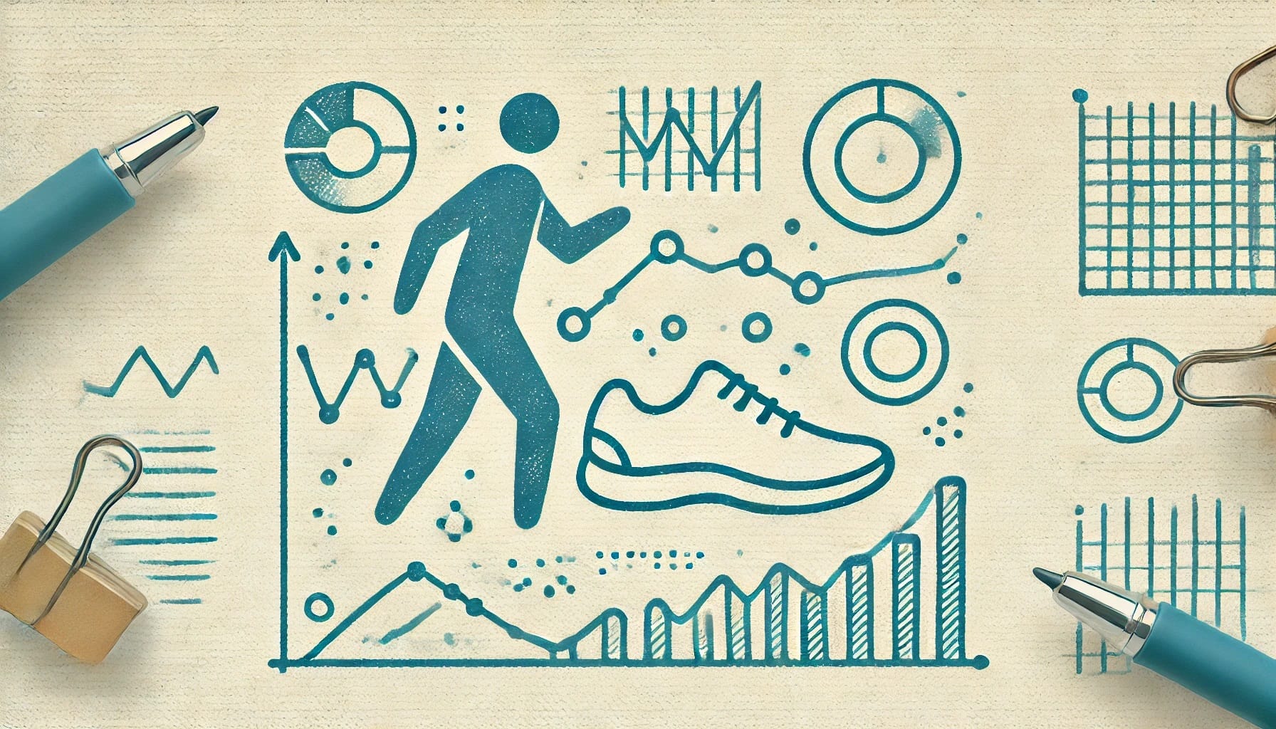 Illustration featuring a person walking, a shoe, and various charts, graphs, and data symbols indicating metrics related to activity and performance through efficient data management.