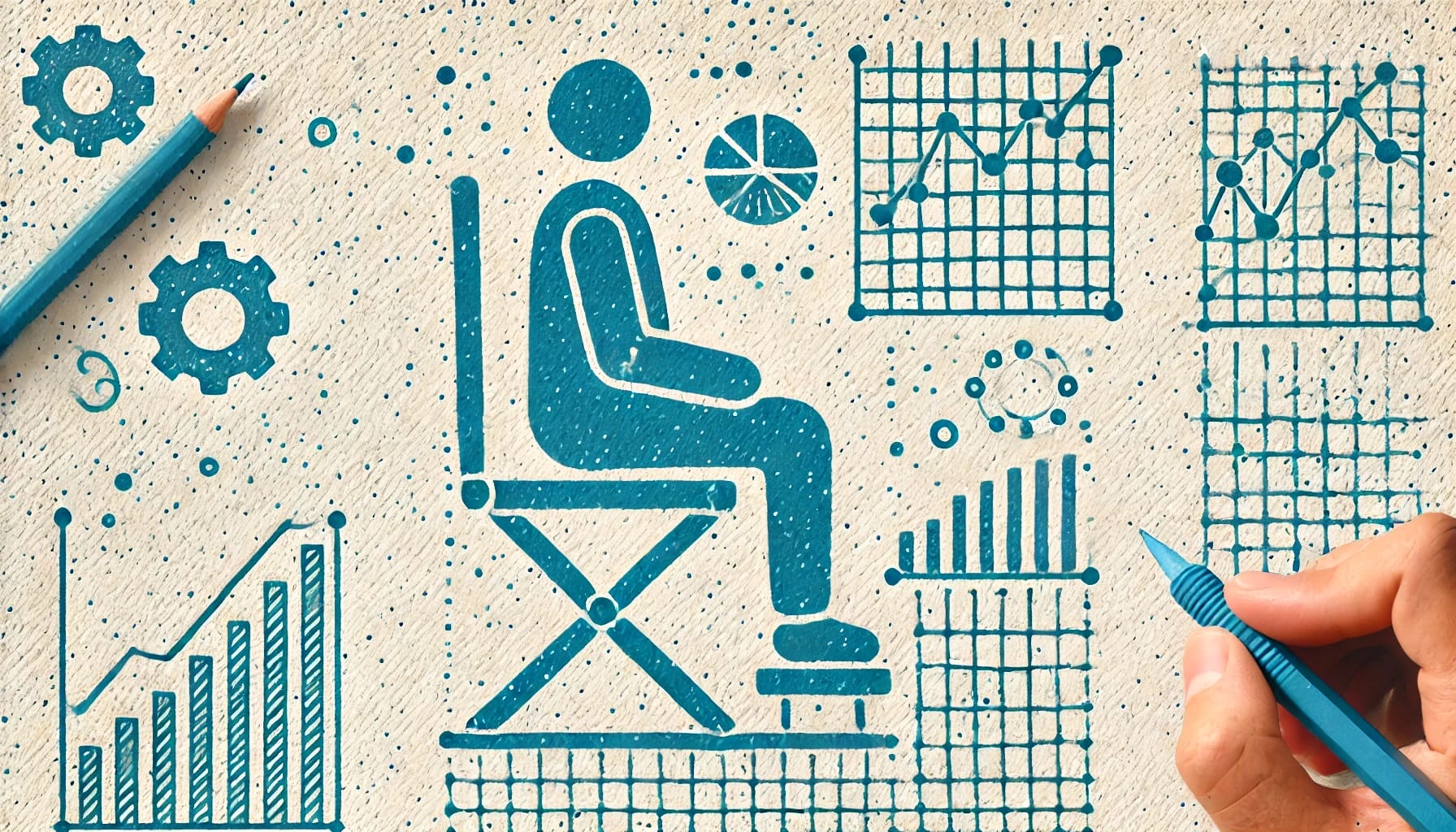 Illustration of a person sitting on a chair surrounded by charts and graphs, leveraging LLMs for deeper insights, with a hand adjusting a chart with a pencil.