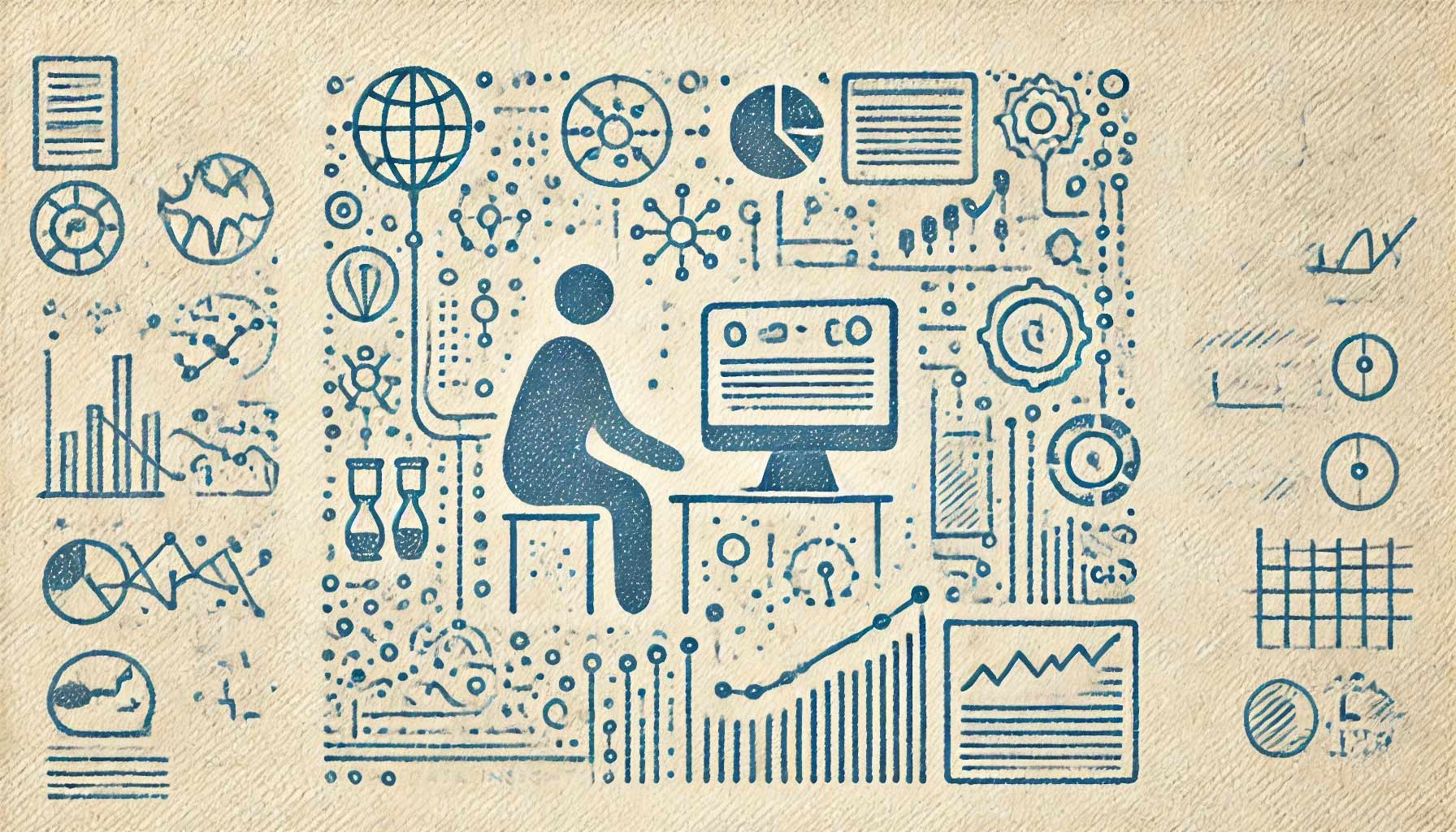 Illustration of a person sitting at a computer, surrounded by various charts, graphs, and scientific symbols, indicating the research process and support for researchers.