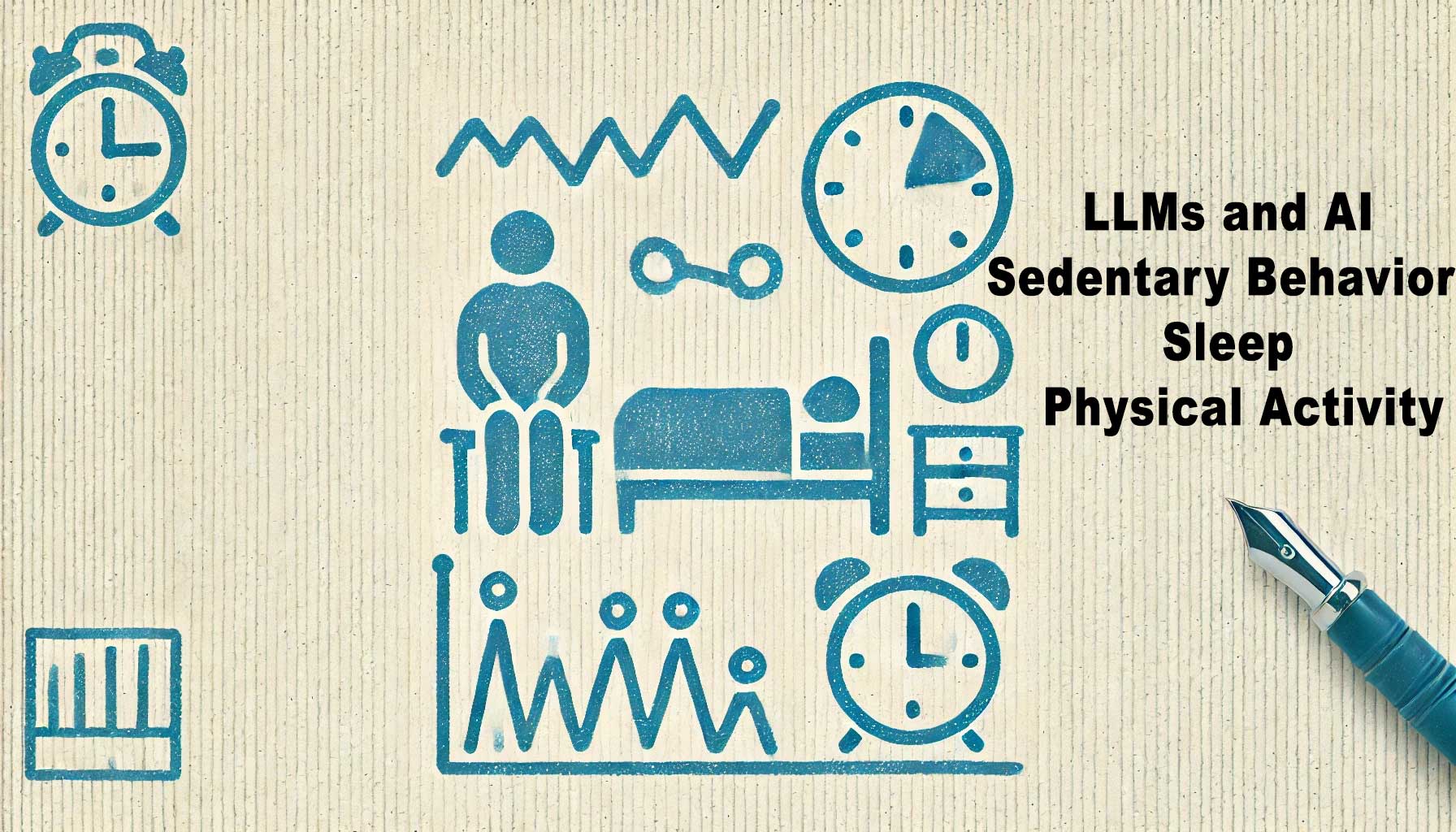 Image depicting icons of sedentary behavior, sleep, physical activity, and clocks with the text "LLMs and AI, Sedentary Behavior, Sleep, Physical Activity" in black. The illustrated clocks emphasize the importance of maintaining a healthy circadian rhythm.