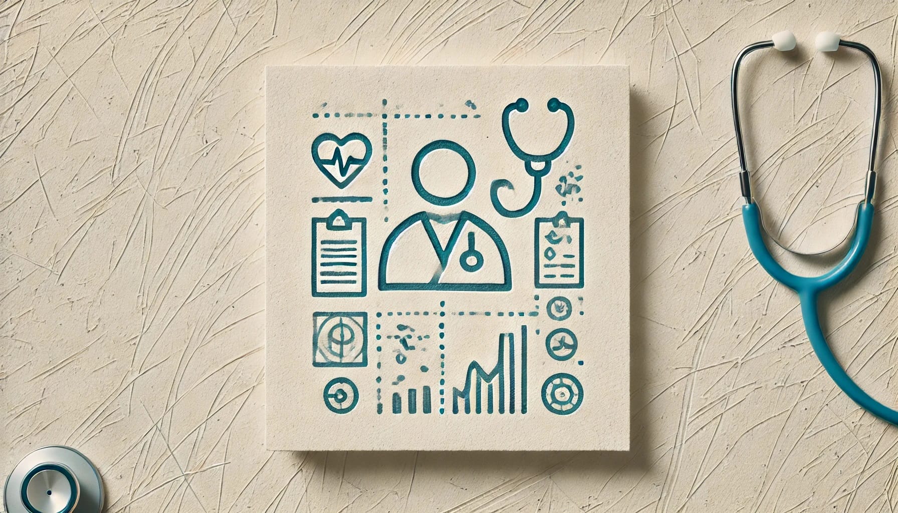 Illustration of medical symbols including a doctor icon, stethoscope, heart, clipboard, bar chart, and various health-related icons on a textured background, highlighting the role of AI in predictive analytics for health.