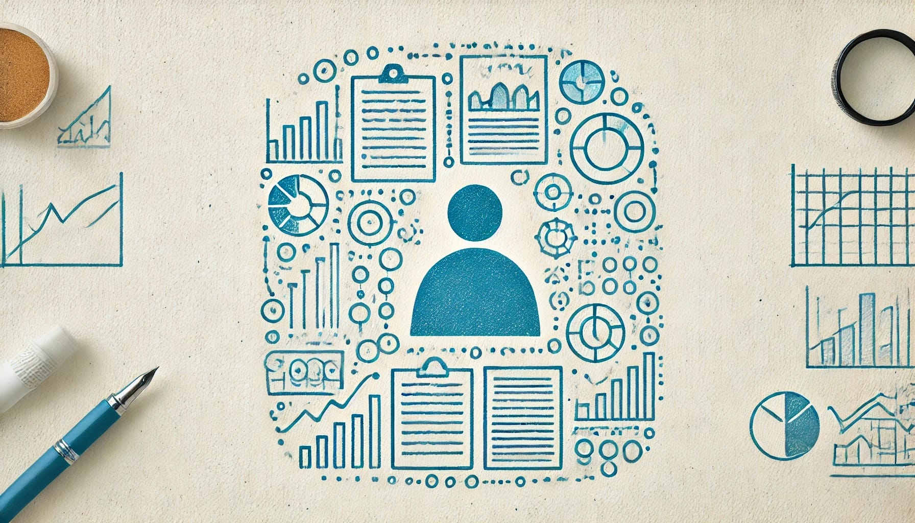 Illustration of a central human icon surrounded by various charts, graphs, and data visualizations in blue, showcasing advanced data interpretation and information management.