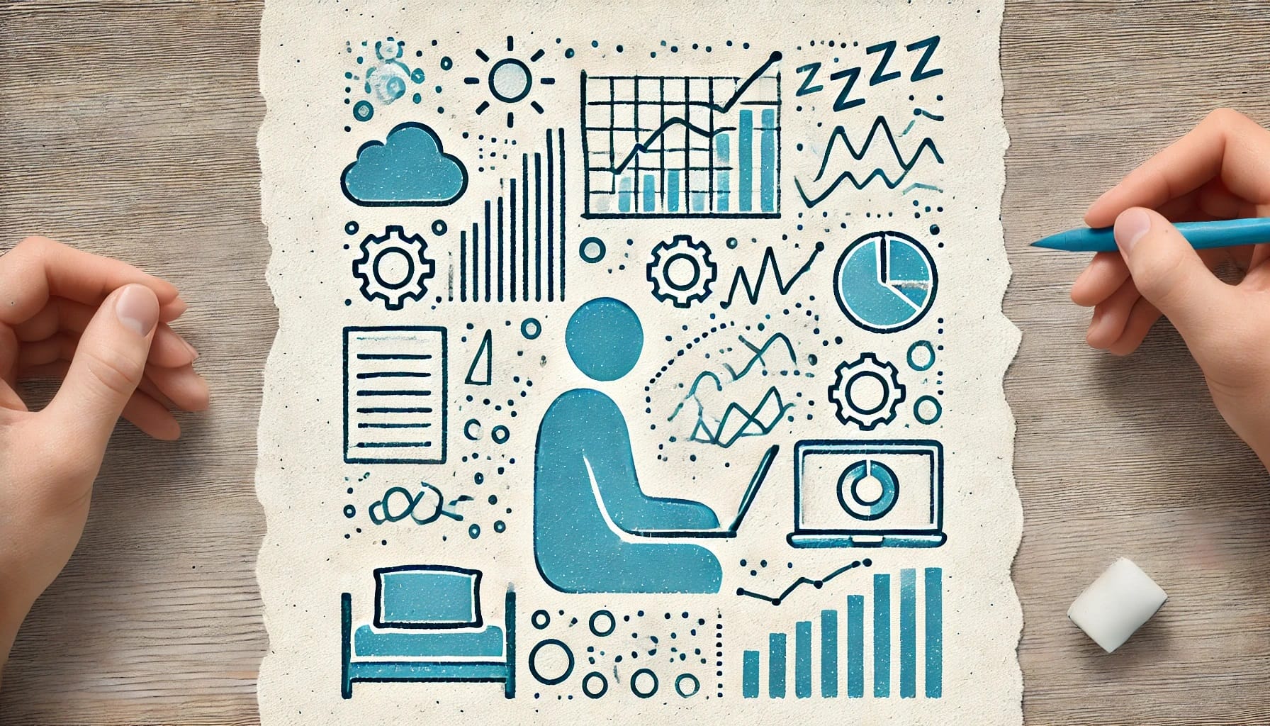 A person sits at a laptop surrounded by various icons, including charts, gears, clouds, a bed, and a paper, illustrating concepts of work, productivity, sleep patterns, and data analysis with the aid of AI.