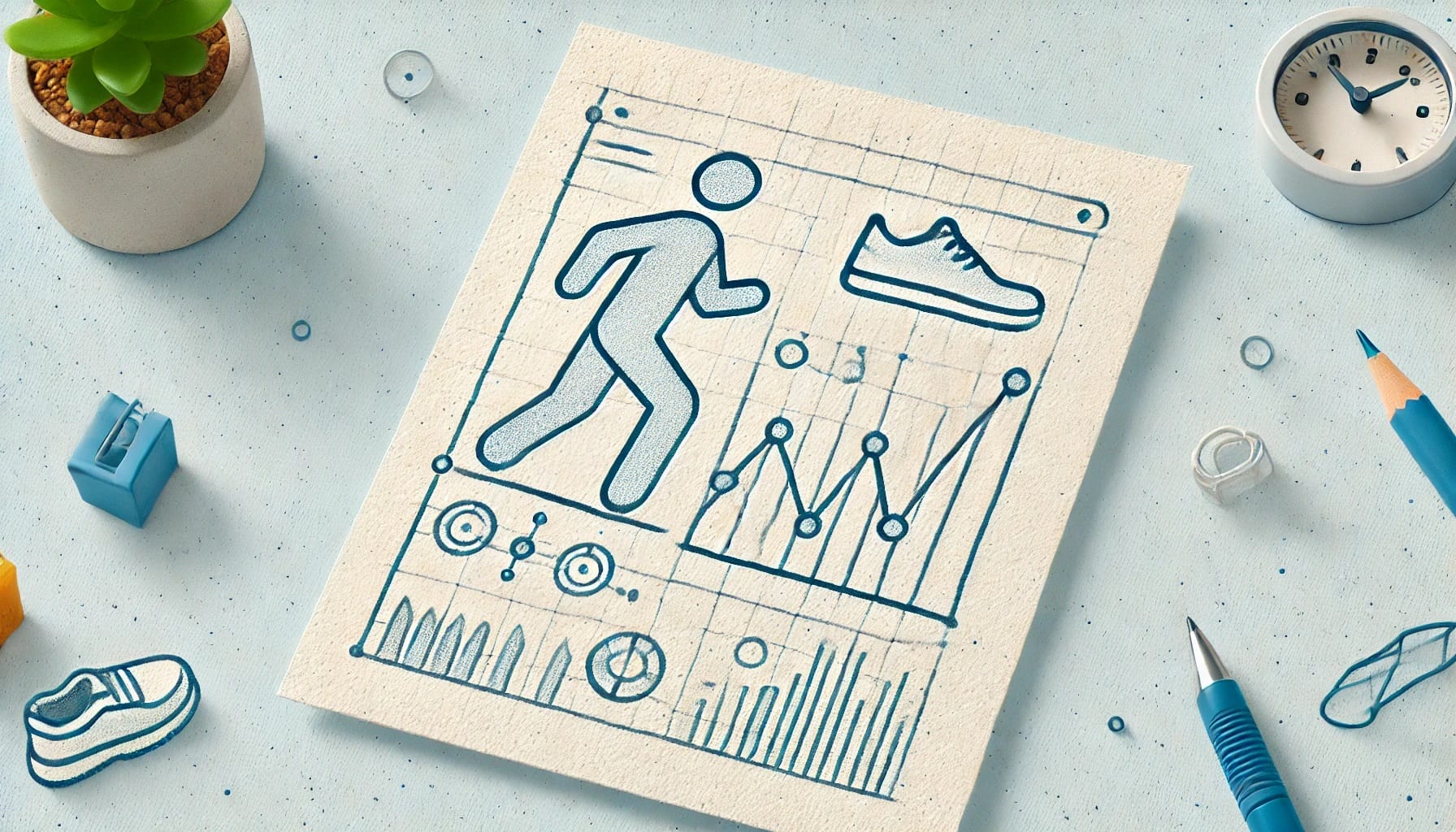 Illustration of a running figure, shoe, and various charts on a piece of paper highlighting smart data handling. Surrounding items include a plant, clock, paperclip, eraser, pencil, and pen.