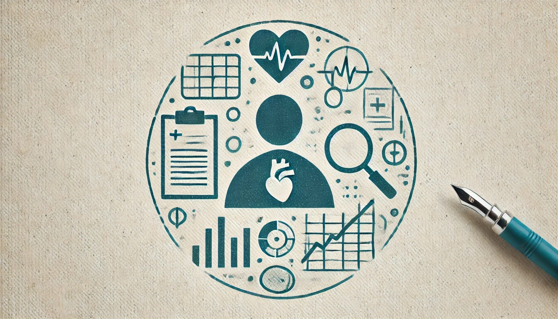 Illustration of a person surrounded by healthcare icons, including a heart monitor, clipboard, magnifying glass, and bar graphs, with a fountain pen on the right side. Predictive analytics is subtly depicted through data visualization elements integrated within the icons.