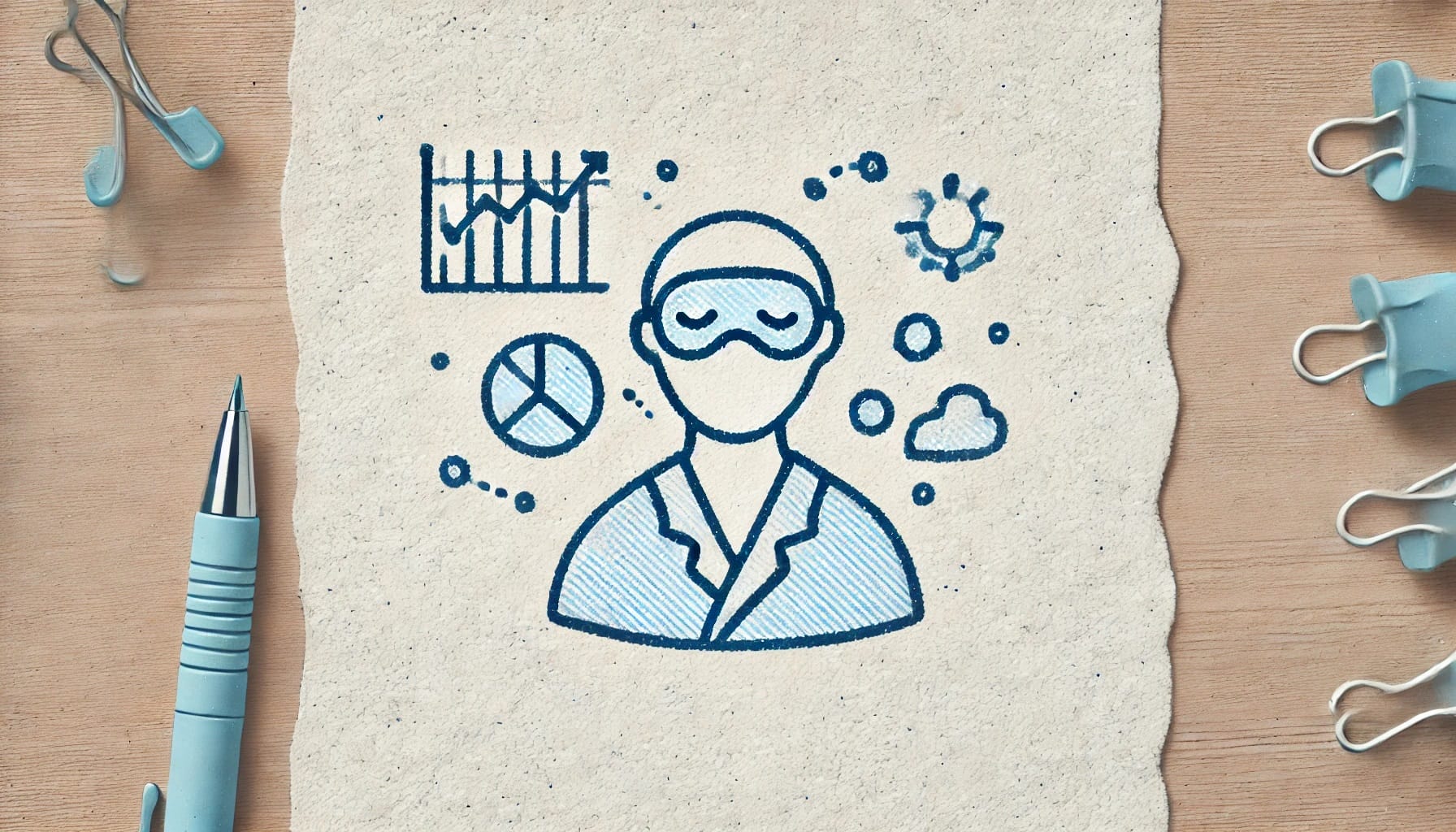 Illustration of a scientist surrounded by icons representing charts, graphs, and scientific elements related to sleep patterns, on a paper with a pen and face masks placed nearby.