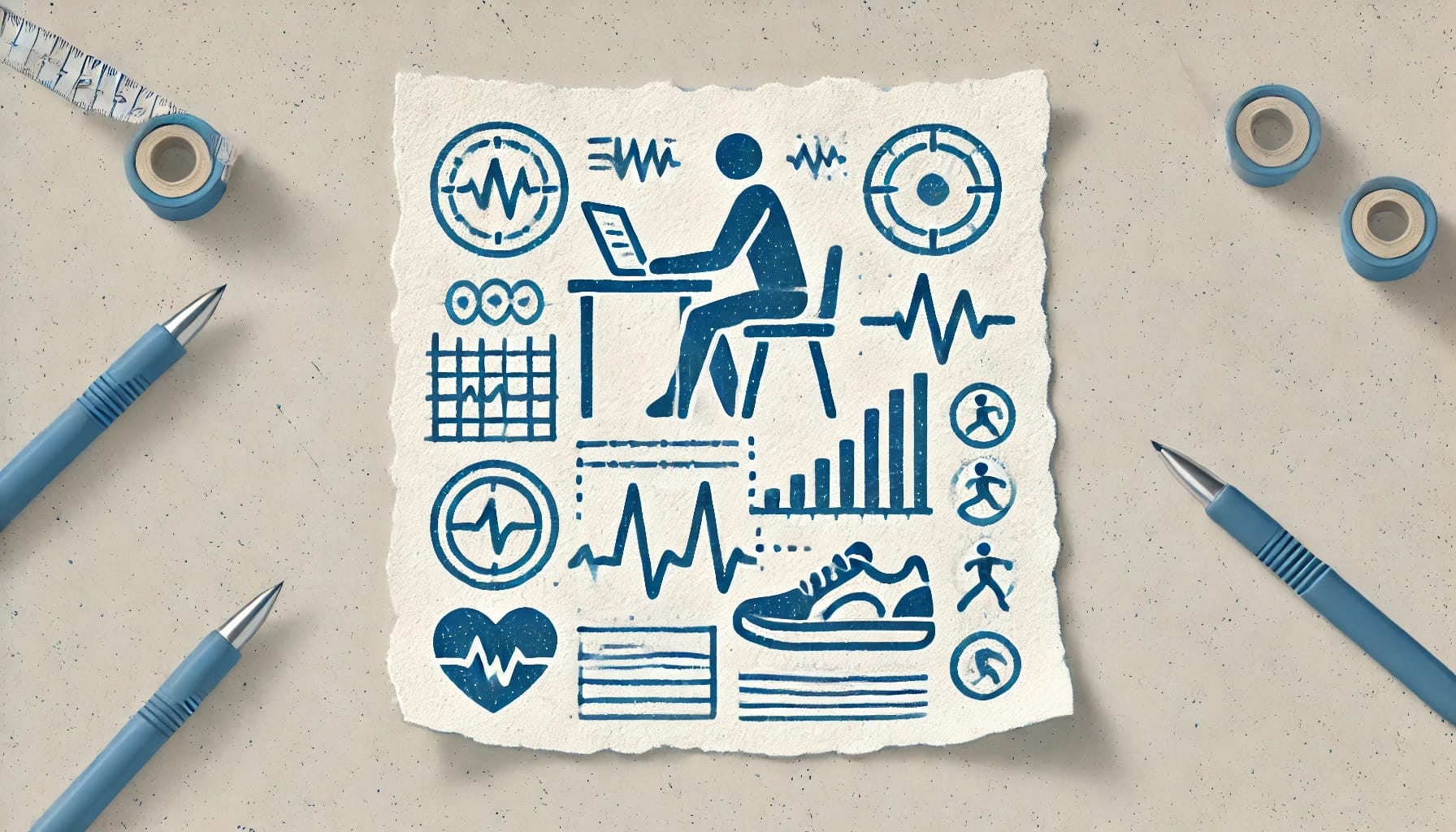 Illustration of a person using a laptop surrounded by various symbols and charts, including heart rate, graphs, and exercise icons, with pens and tape measure in the corners — all hinting at hidden patterns uncovered through big data analysis.