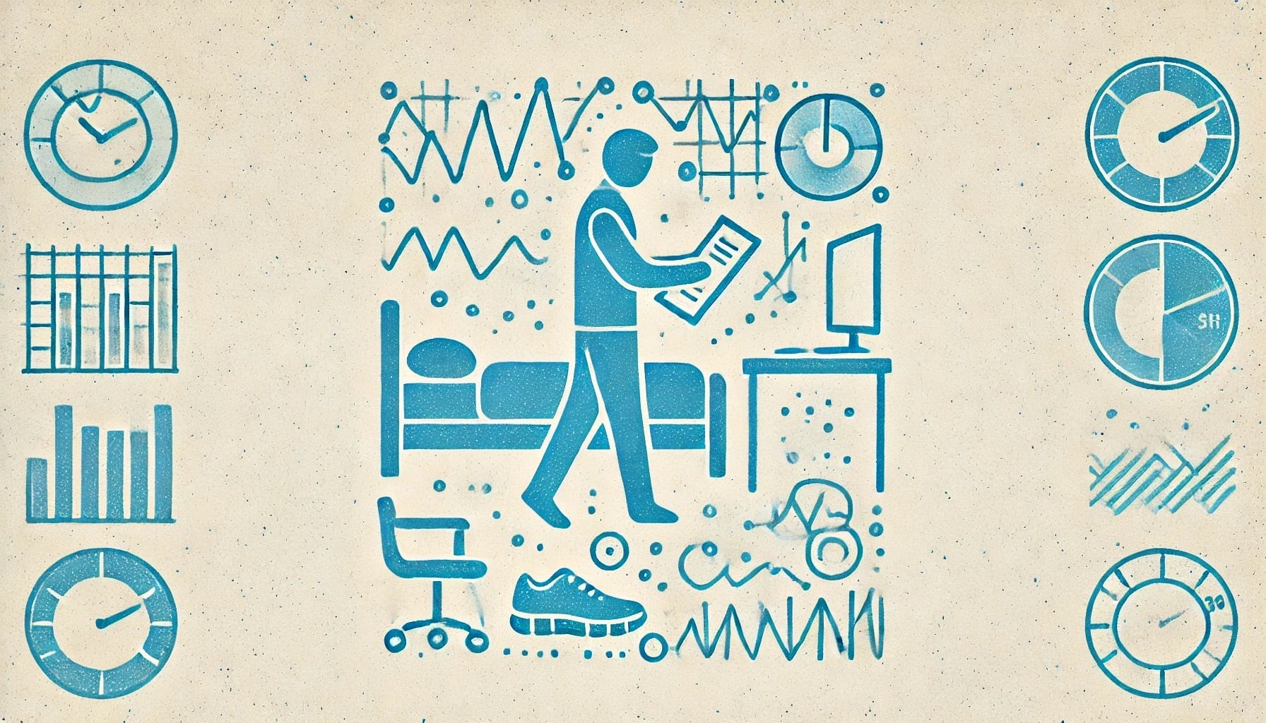 Illustration of a person standing and reading a document in a room with a bed, chair, desk, and computer, surrounded by various graphs and charts related to sleep and circadian rhythm.