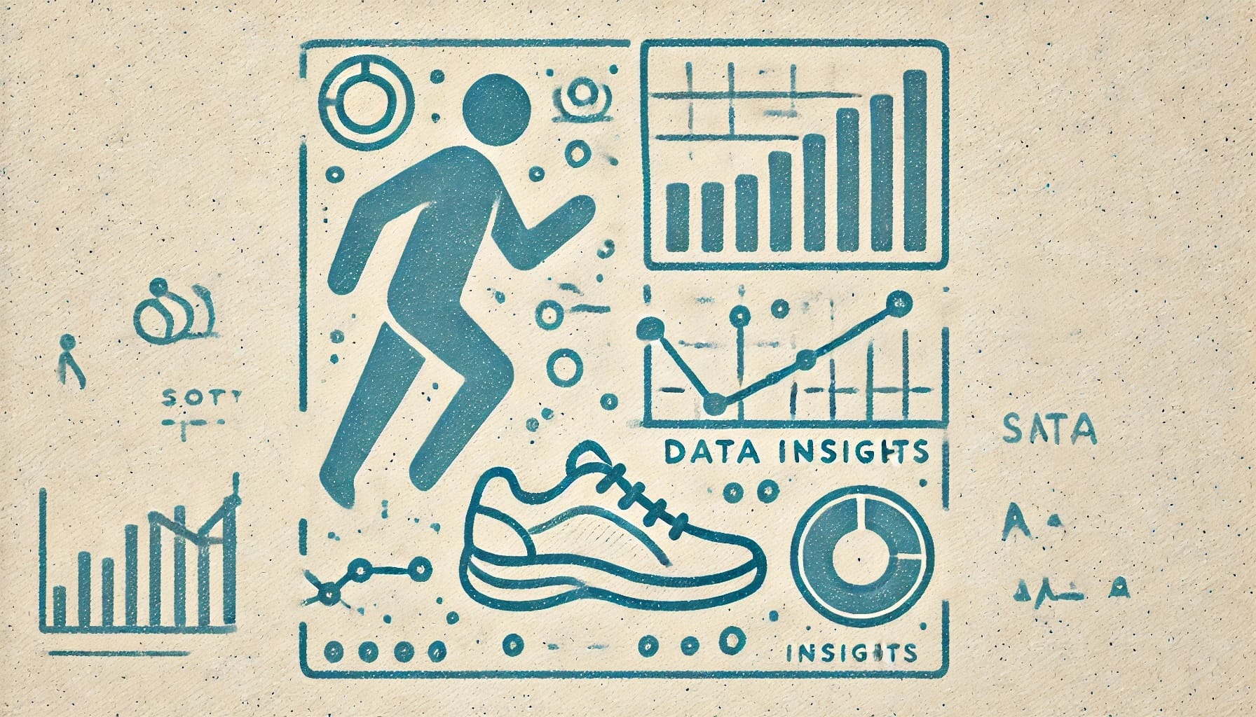 Illustration showing a person running, a shoe, various graphs, and data insights representing fitness tracking and efficient data management.