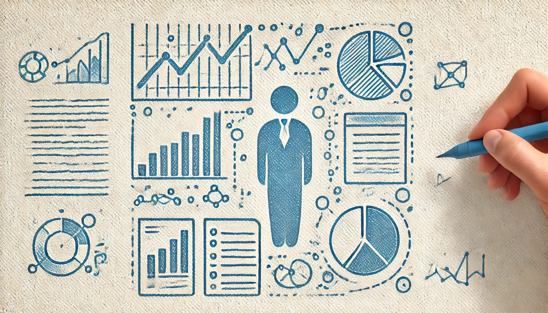 A hand with a pen points to a canvas with various blue graphs, charts, and a figure of a person in a suit, representing advanced data interpretation and business metrics.