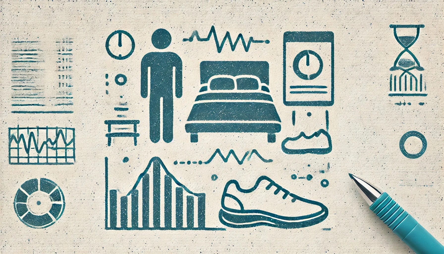 An illustration depicting various health and wellness icons, including a person, a bed, shoe, heart rate, charts, and a pen—suggesting themes of physical activity, sleep research, and data tracking.