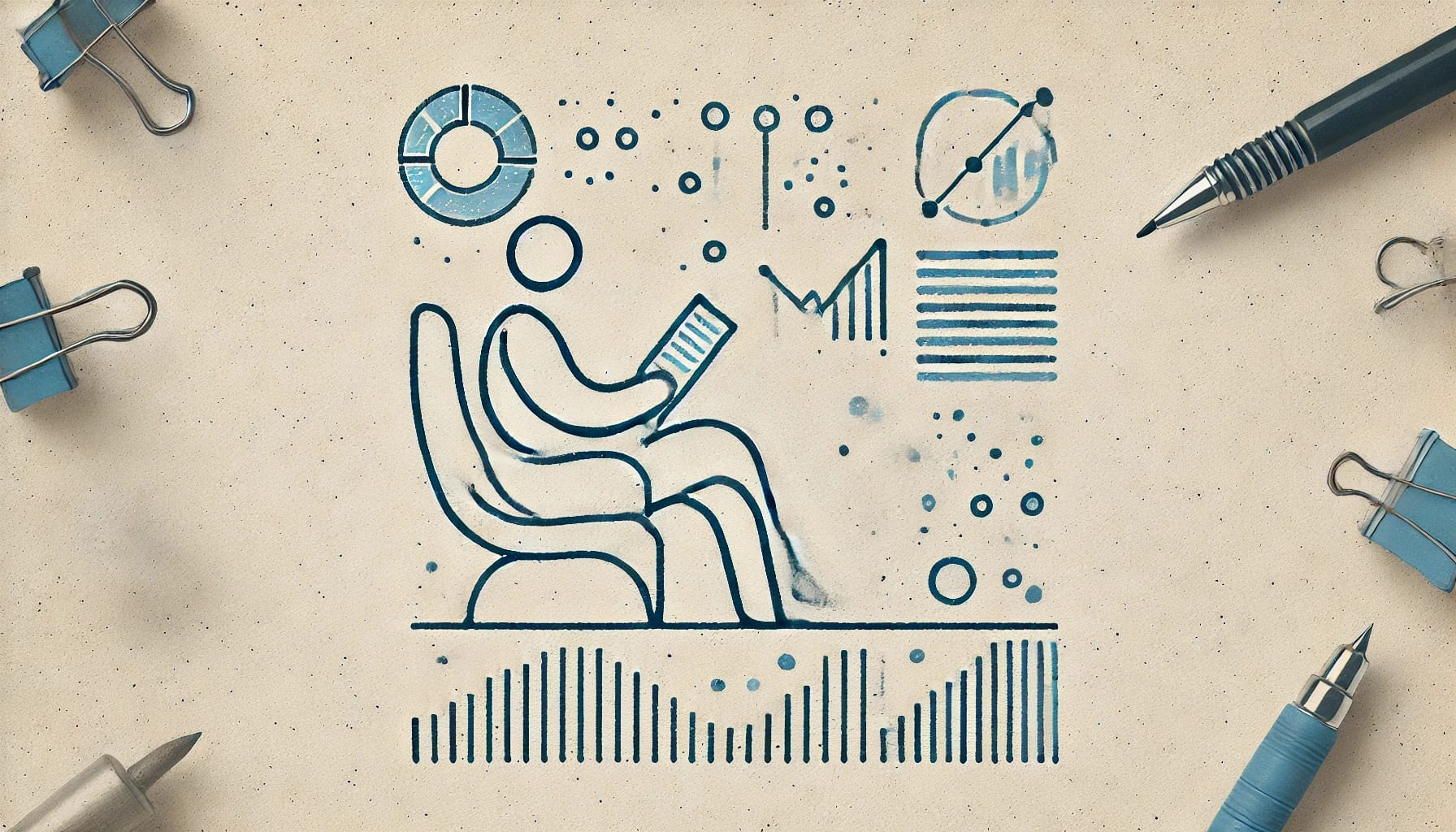 Illustration of a person sitting on a chair and reading, surrounded by abstract data charts and graphs, with blue office supplies like binder clips and a pen placed around the image. This scene highlights leveraging LLMs for deeper insights into sedentary behavior studies.