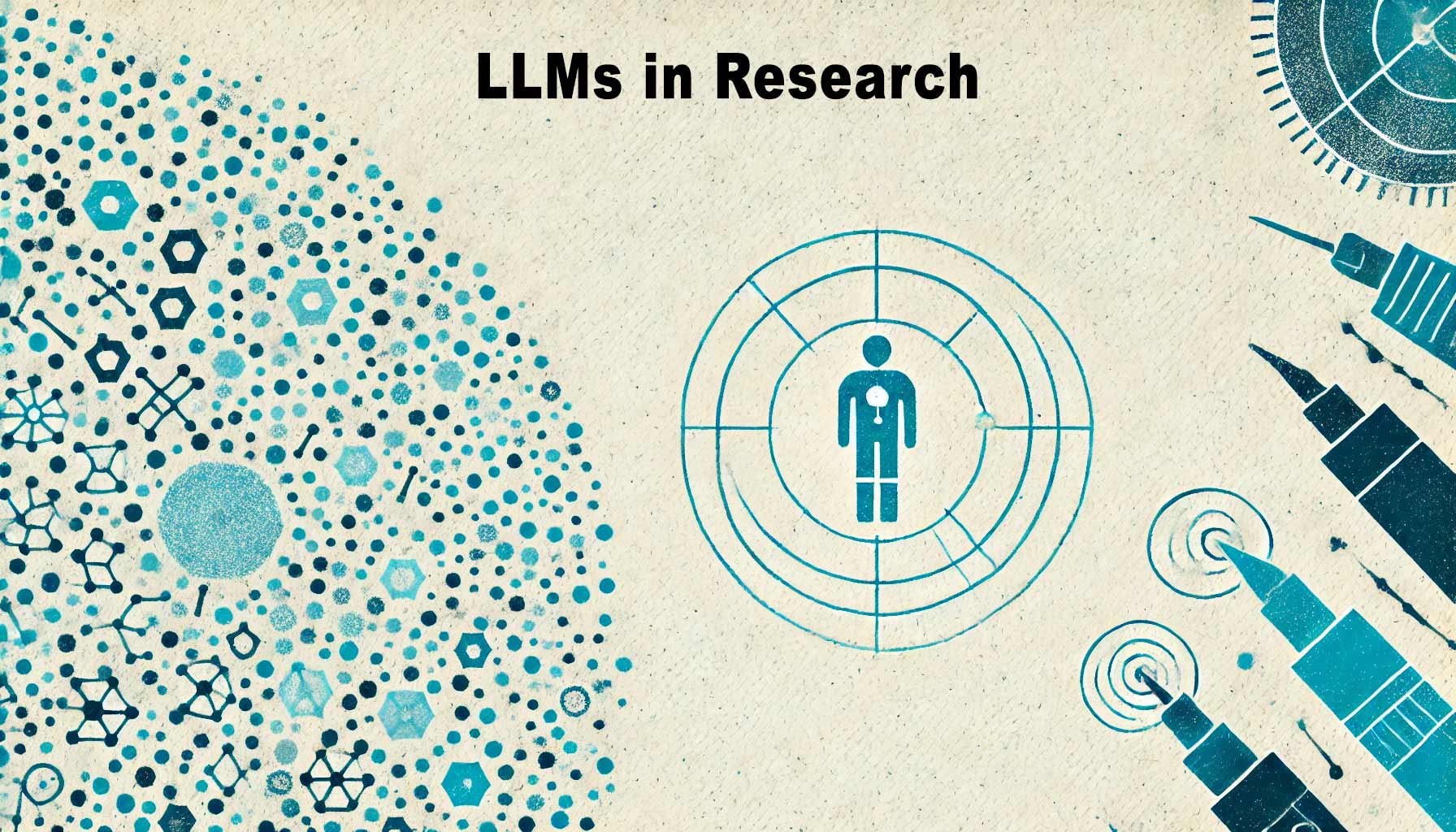 Illustration depicting "LLMs in Research" with abstract patterns of interconnected dots and lines on the left, leveraging LLMs for hypothesis generation, and a human figure with concentric circles on the right.