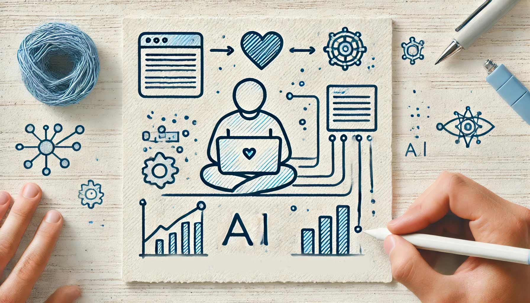 An illustration of a person using a laptop, surrounded by AI icons, graphs, gears, and data analysis charts, emphasizing AI integration in various fields.