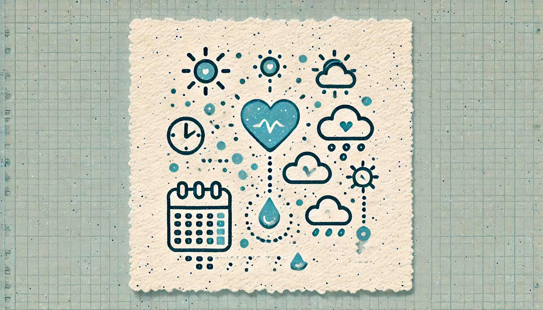 Illustration depicting weather and time icons such as the sun, clouds, a clock, a calendar, and raindrops on a textured background. Icons are connected, suggesting a relationship between them akin to how contextual data informs long-term HRV studies.