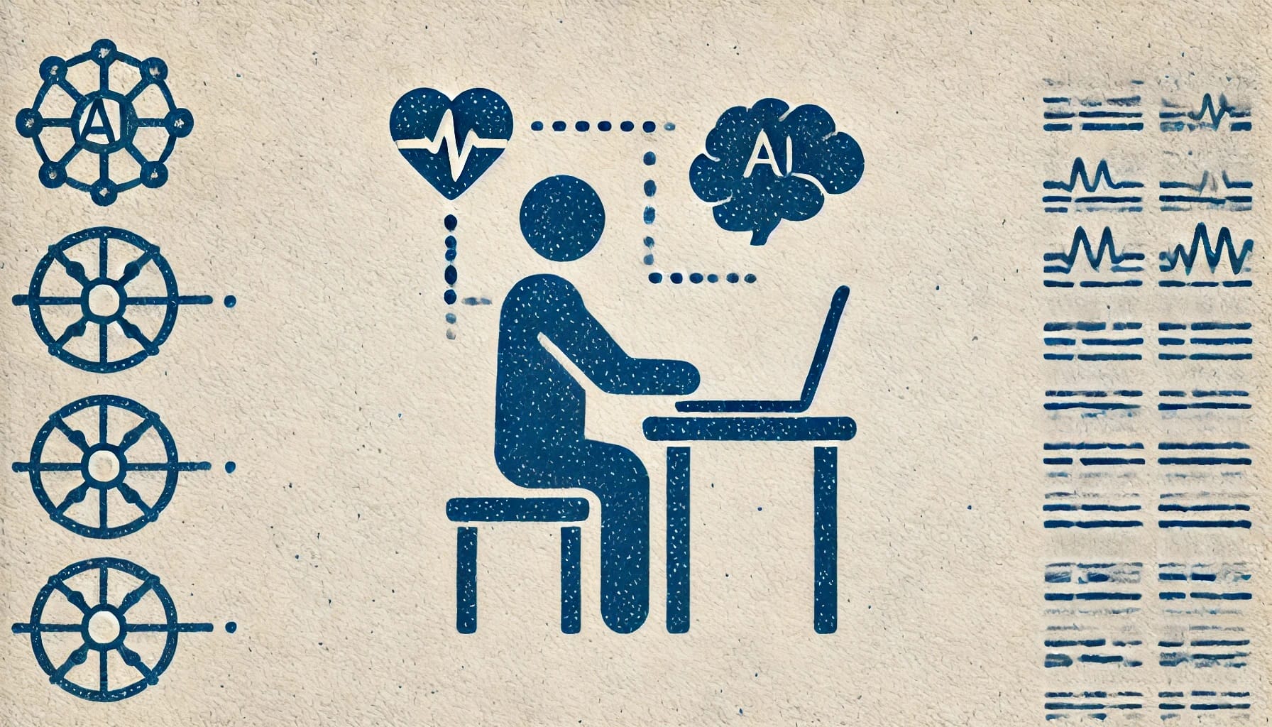 Illustration of a person working on a laptop, with surrounding graphical icons representing AI-driven research, a heart monitor, brain activity, and HRV data charts.