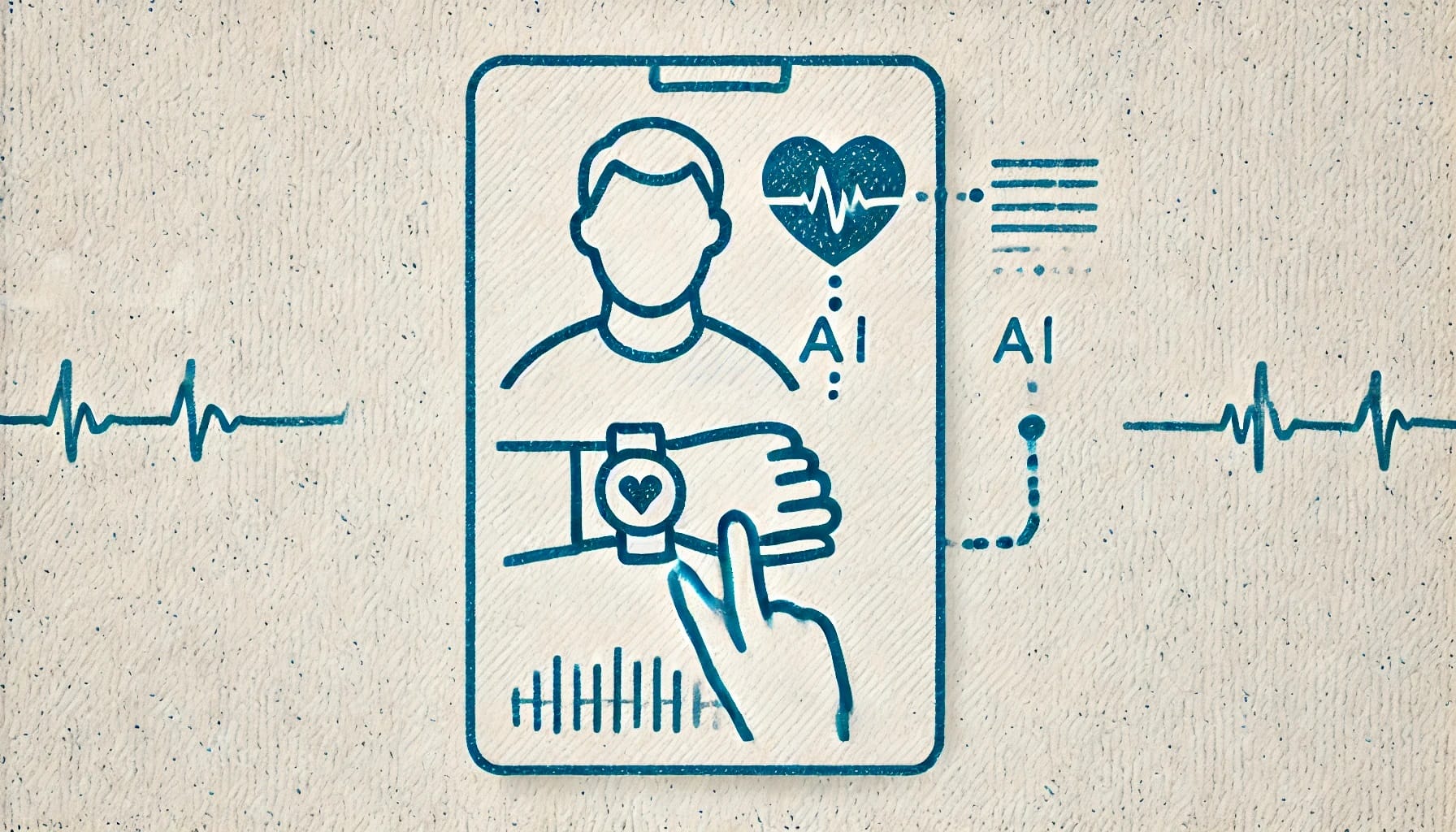 Digital illustration of a person using a smartwatch for health monitoring with AI integration. The image shows a heart icon and heartbeat lines, indicating HRV analysis and health data being processed by artificial intelligence.