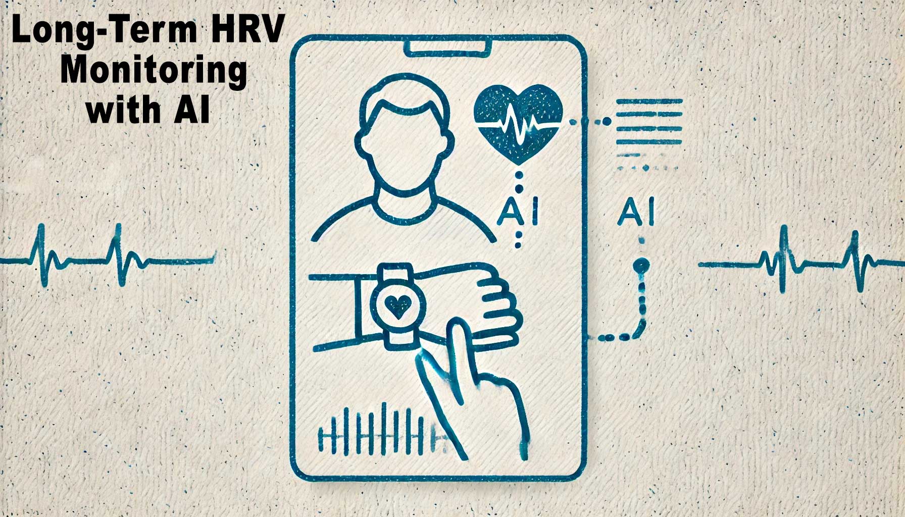 Illustration of a researcher using a smartwatch to monitor heart rate variability (HRV) with AI technology. The display shows a hand interacting with the watch and long-term HRV data analysis being conducted.