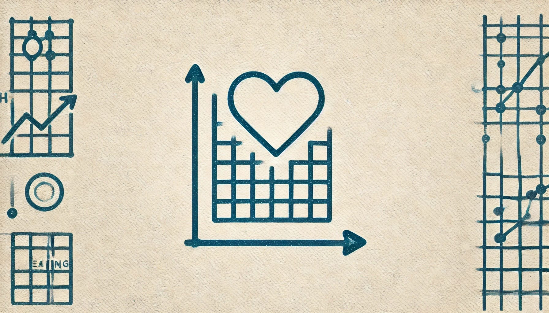 Graph with a heart symbol above the bar chart on a beige background, surrounded by smaller graphs and charts, illustrating multimodal data for HRV analysis.