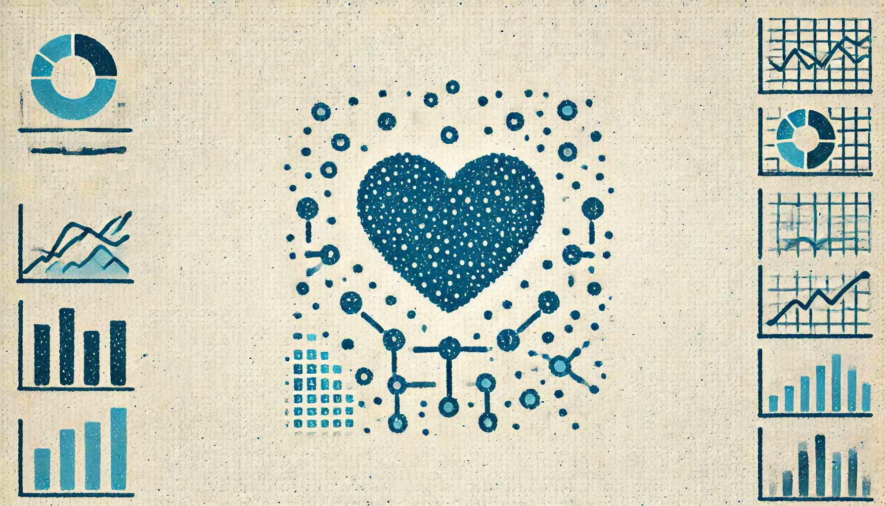 Illustration of a heart surrounded by various data visualization elements, including bar charts, line graphs, and pie charts, integrating HRV Analysis.