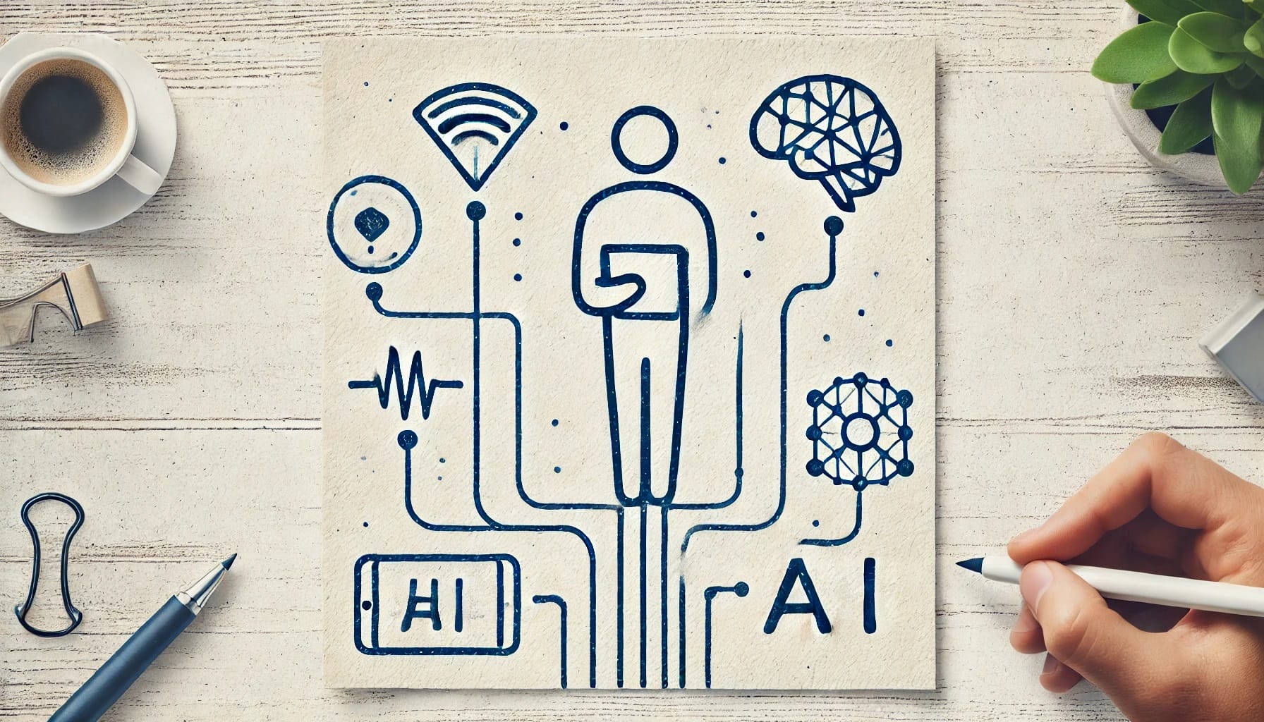 A hand drawing a diagram depicting AI concepts, including a central human figure connected to symbols like a brain, Wi-Fi, a mobile phone, and other tech elements, illustrating the intricate relationship between long-term HRV data collection and AI-driven research.