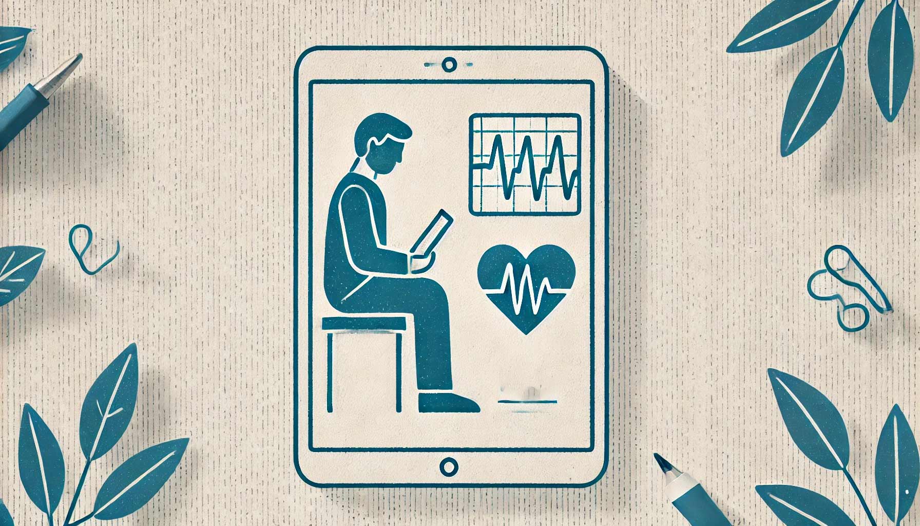 Illustration of a person sitting and reading on a tablet screen, accompanied by heart rate monitor graphics, heart icon, and contextual data from long-term HRV studies.