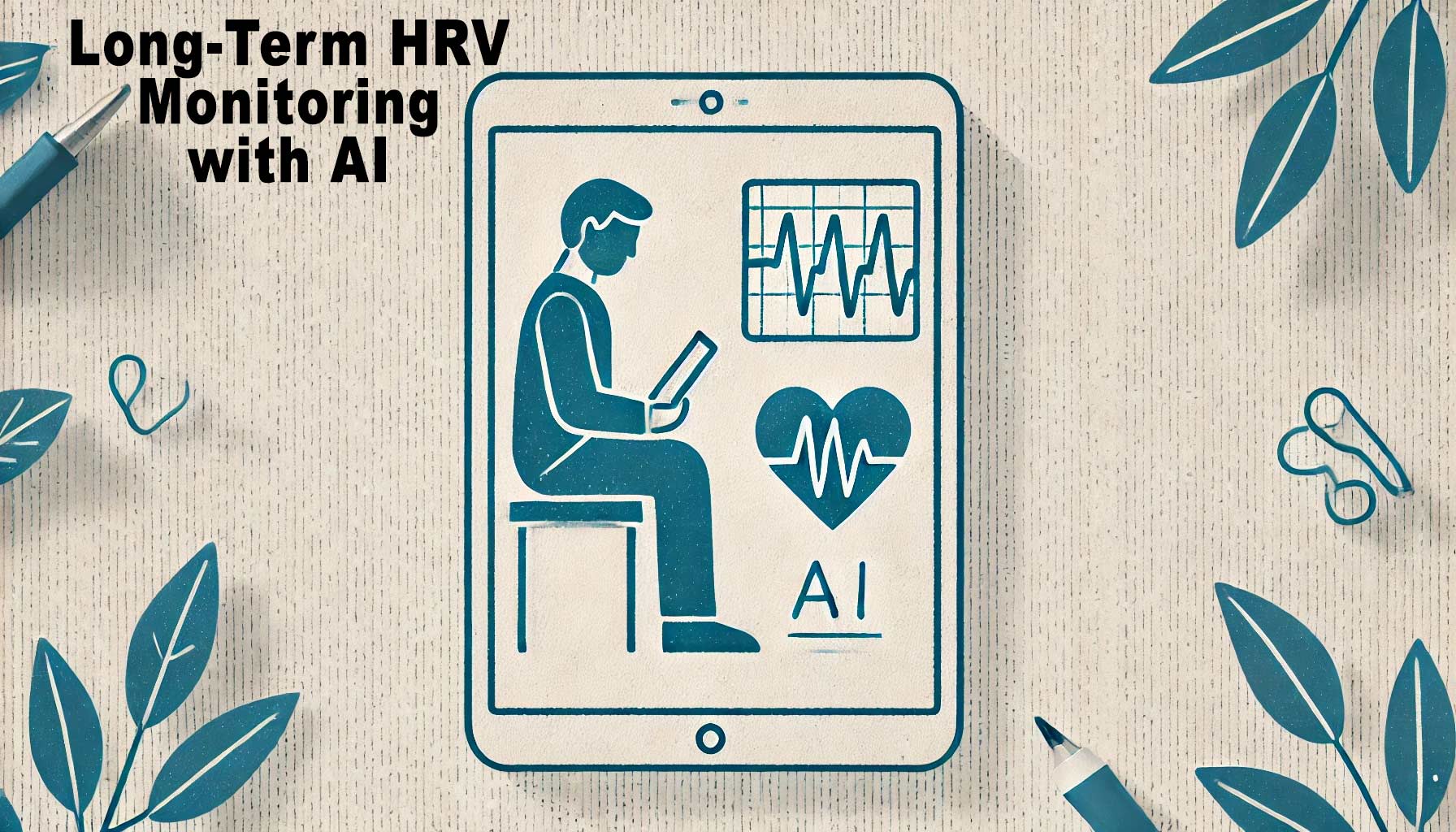 Illustration of a person reading a book with AI monitoring their heart rate variability (HRV) on a device, surrounded by heart rate graphs, leaves, and a stethoscope. Text reads "Long-Term HRV Data Analysis with AI".