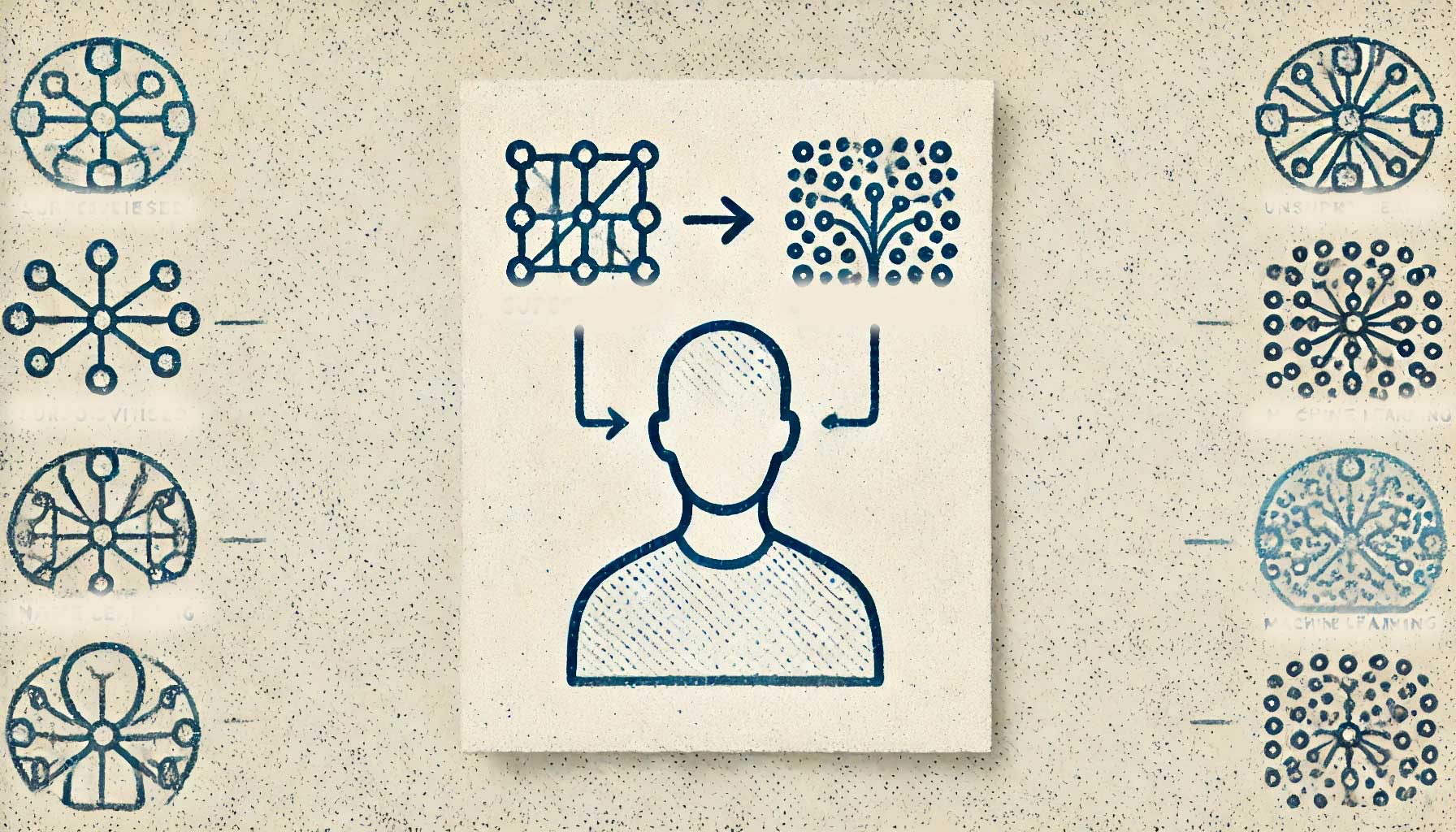 Illustration of a human figure centered with diagrams of networks and graphs around, depicting the process of complex data manipulation and analysis through supervised machine learning.