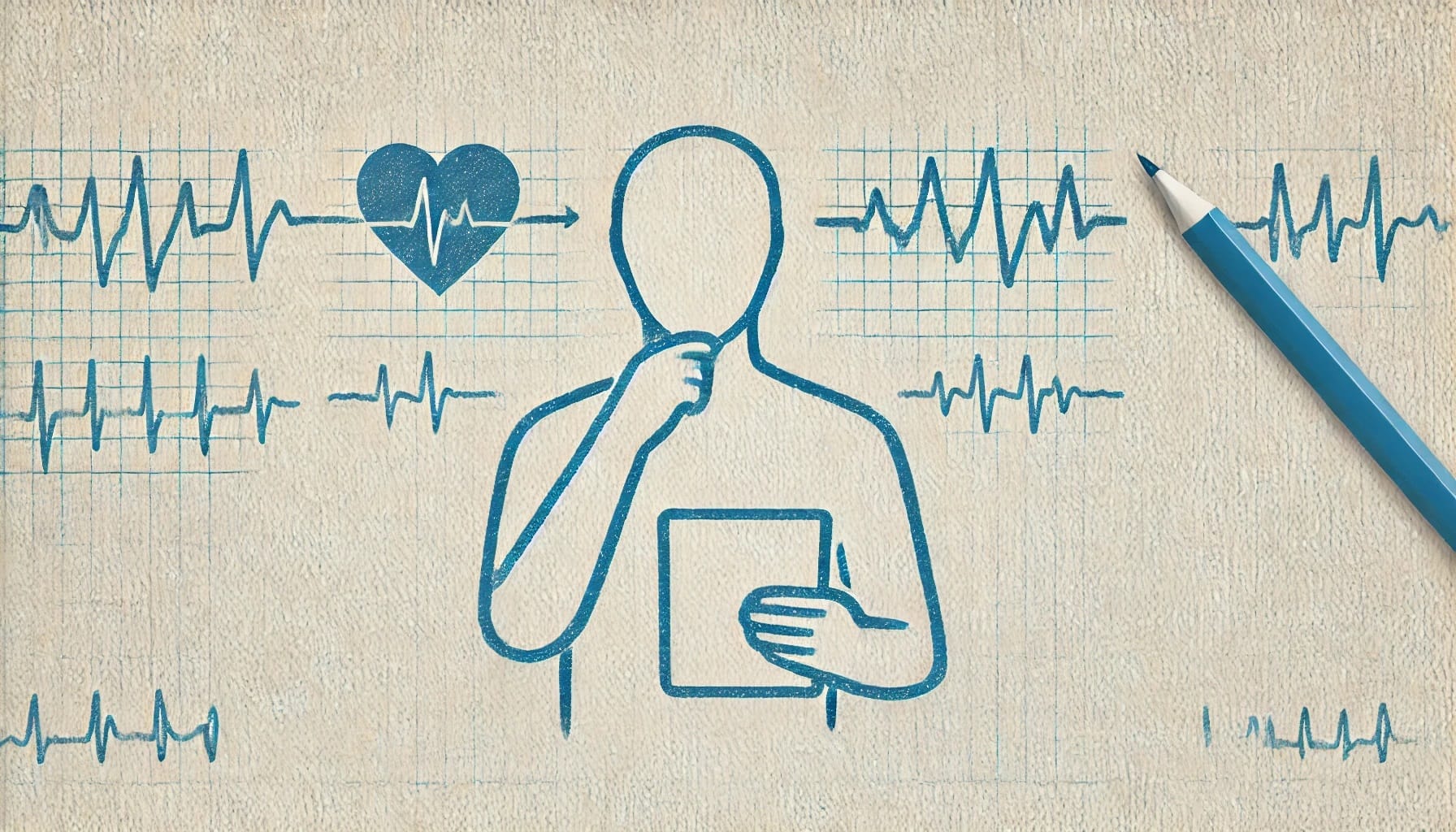 Illustration of a person holding a tablet with various heartbeat and EKG line patterns, alongside a pencil, highlighting Long-Term HRV data analysis.