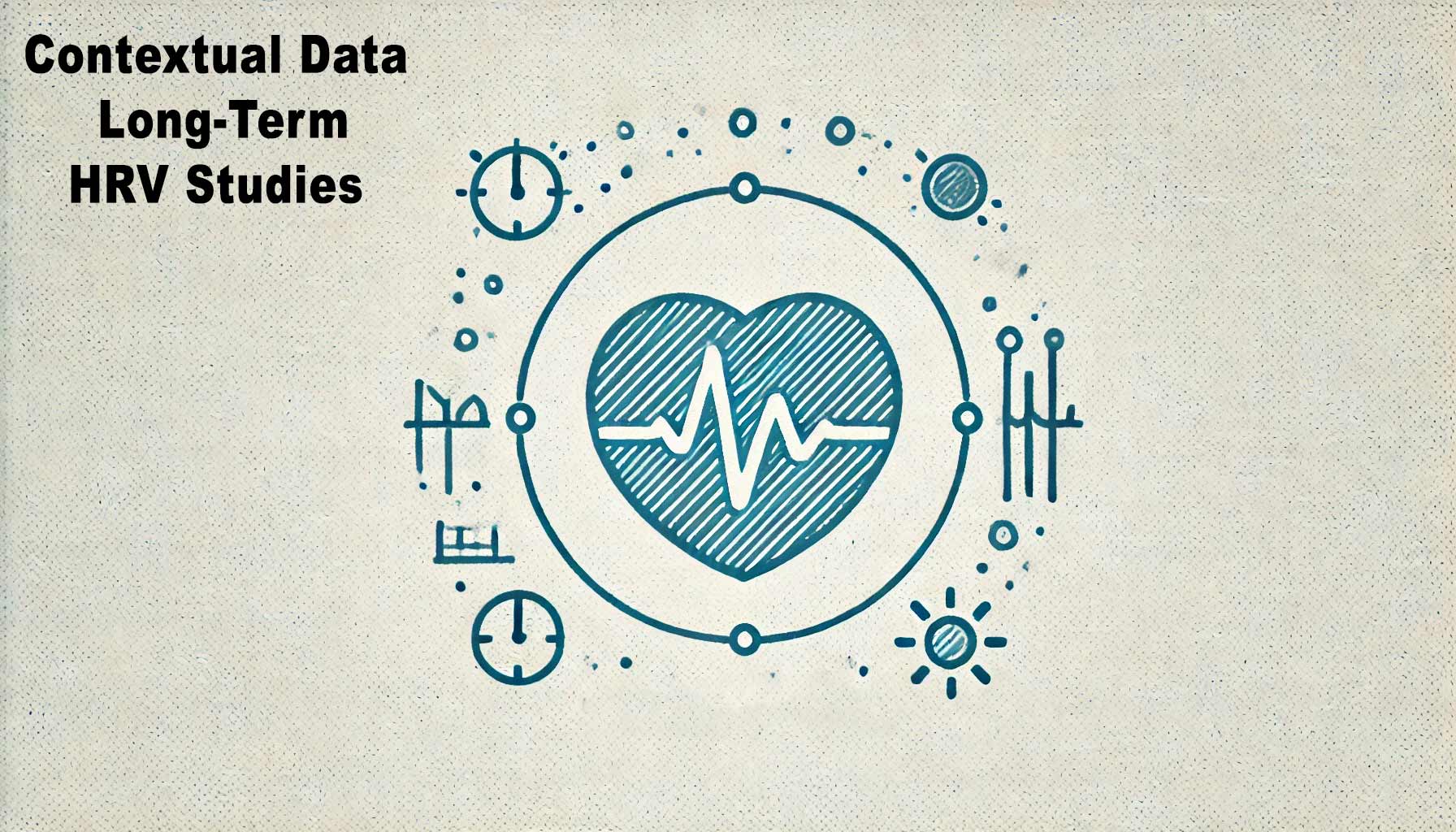 Illustration of a heart with an electrocardiogram line inside, surrounded by icons of clocks, graphs, and weather symbols. Text in the top left corner reads: "Contextual Data for Long-Term HRV Studies.