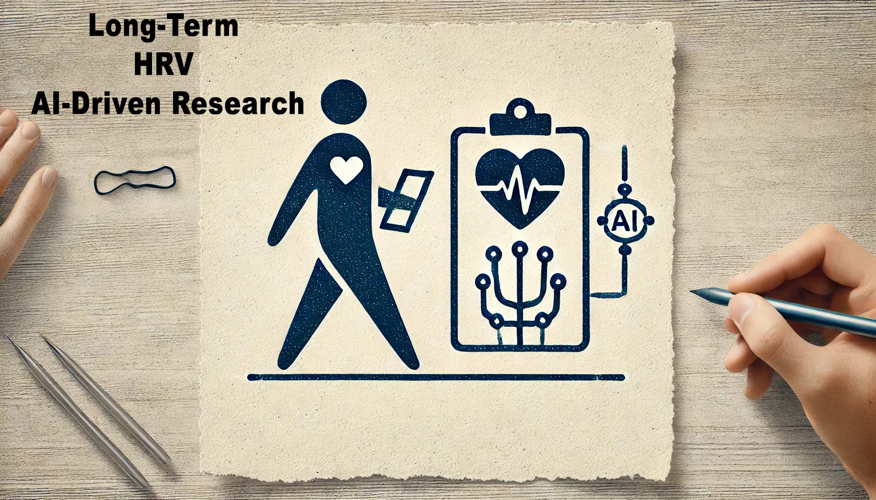 Illustration of a figure with a heart symbol walking towards a clipboard displaying a heart monitor and AI symbols, captioned "Long-Term HRV Data Collection and AI-Driven Research.