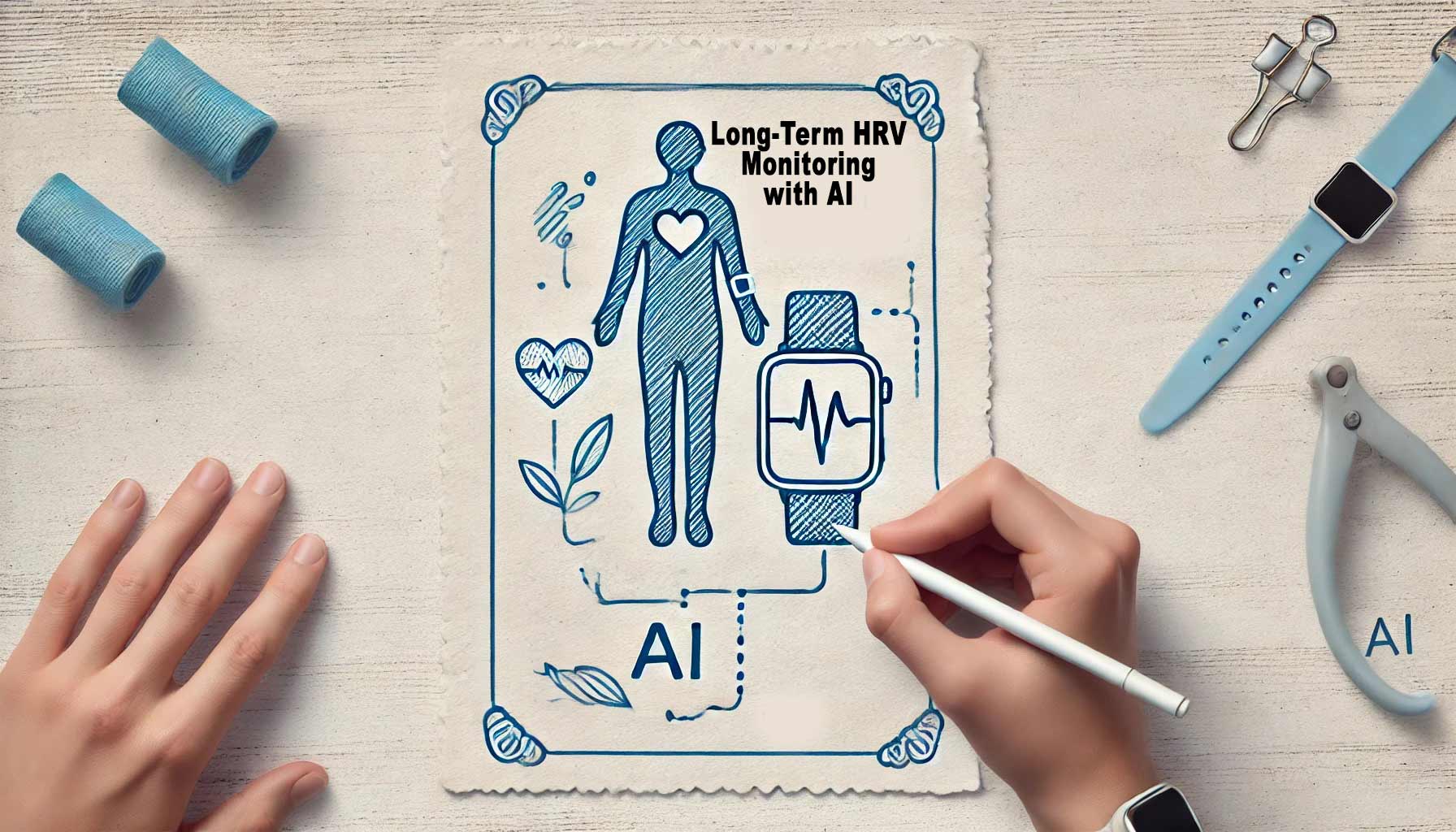 Illustrated concept of long-term HRV monitoring with AI, showcasing a human figure, heart symbols, a smartwatch with a heartbeat icon, and data analysis tools neatly arranged on a table.