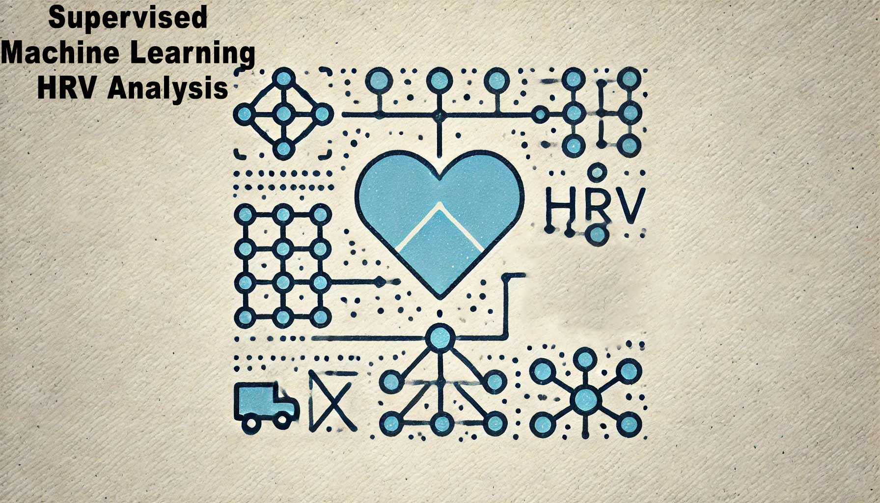 Illustration depicting "Supervised Machine Learning HRV Analysis" with graphical elements like a heart, neural network diagrams, and analytical icons, showcasing the integration of multimodal data for enhanced insights.