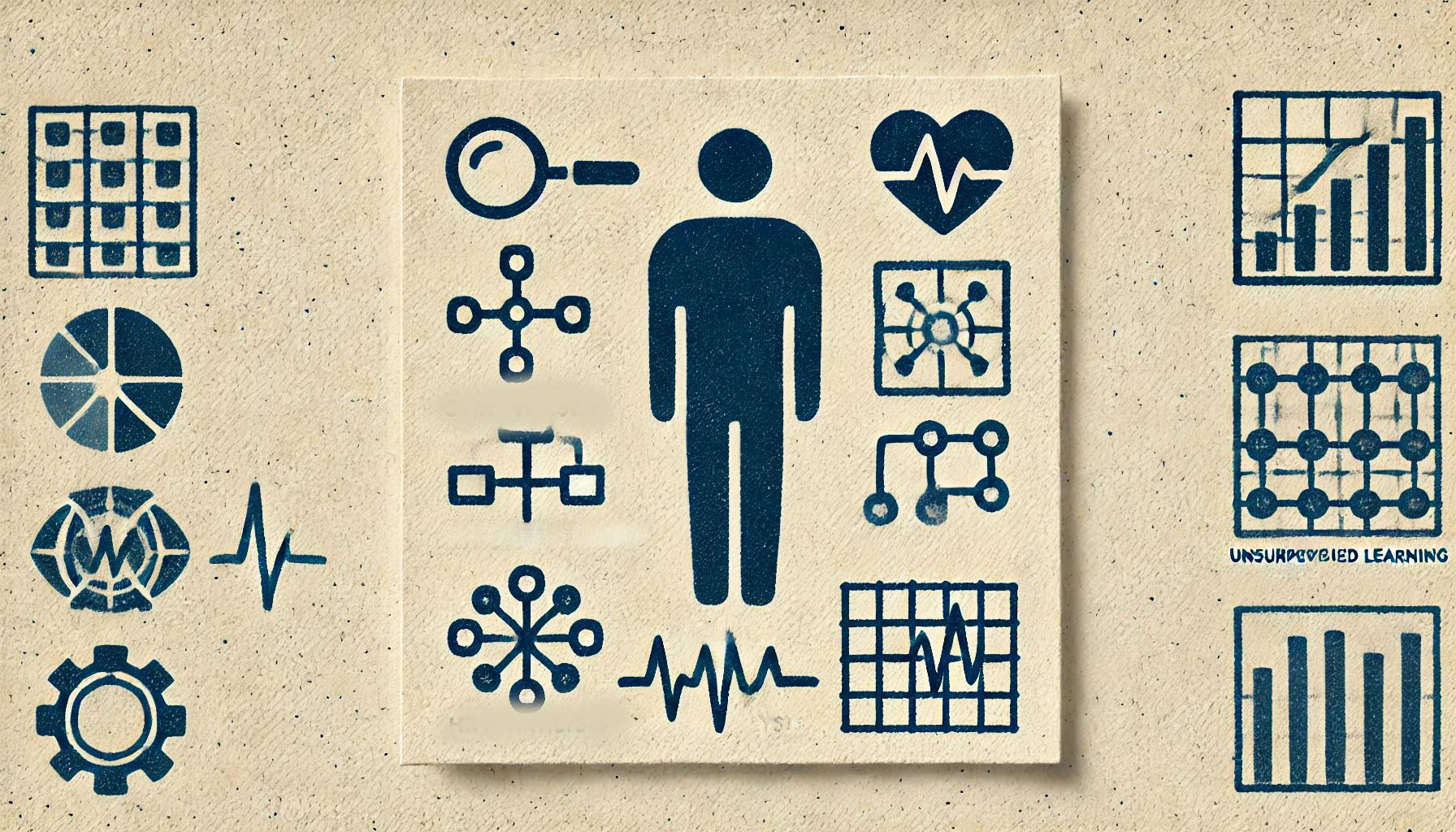 Illustration featuring a central human figure surrounded by various icons representing data analysis, HRV Analysis, health monitoring, and machine learning, including graphs, network nodes, and heart symbols.