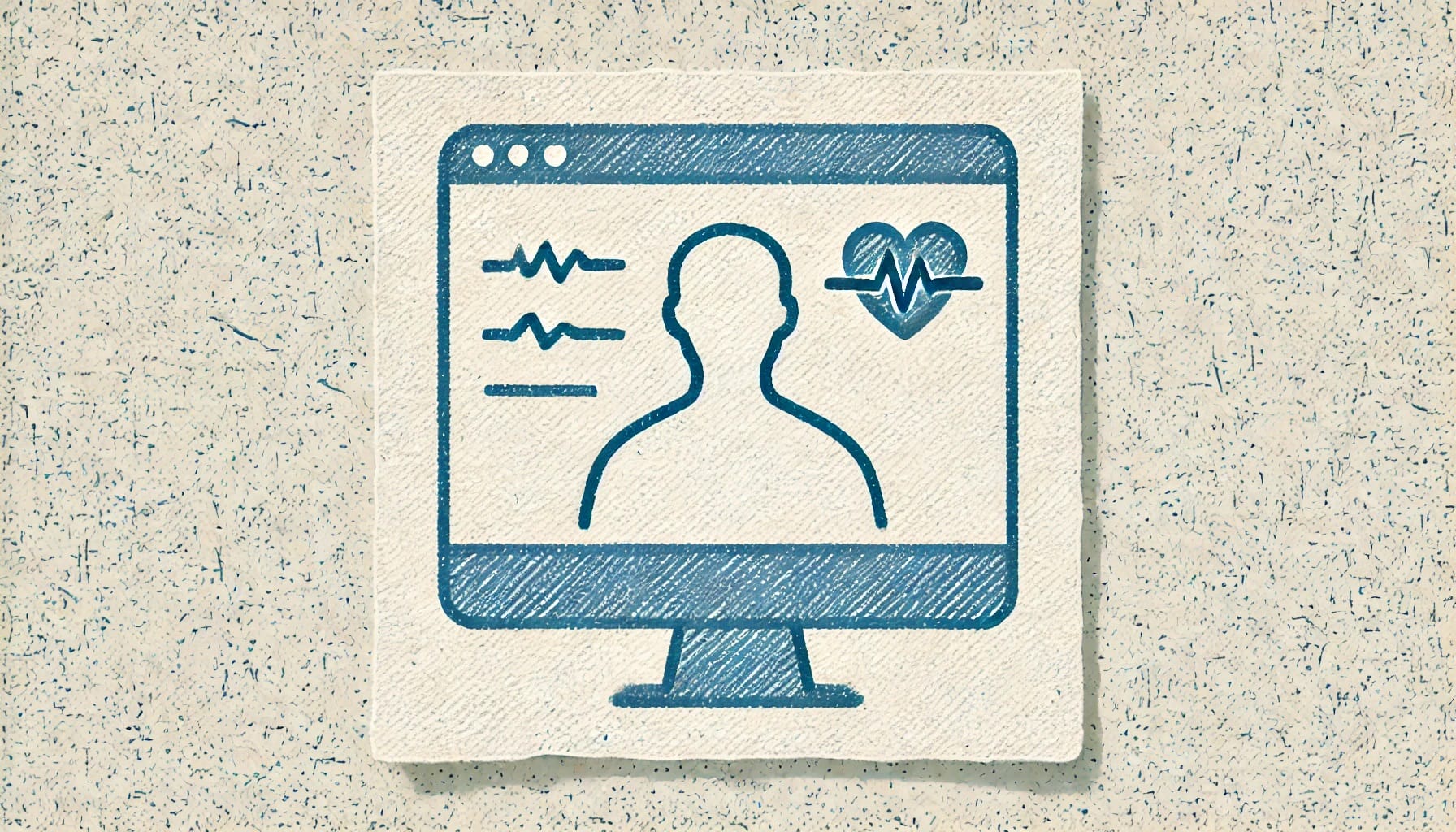 Illustration of a monitor displaying a silhouette, heart rate lines, and a heart with a heartbeat line, symbolizing online health or telemedicine powered by AI and data analysis.