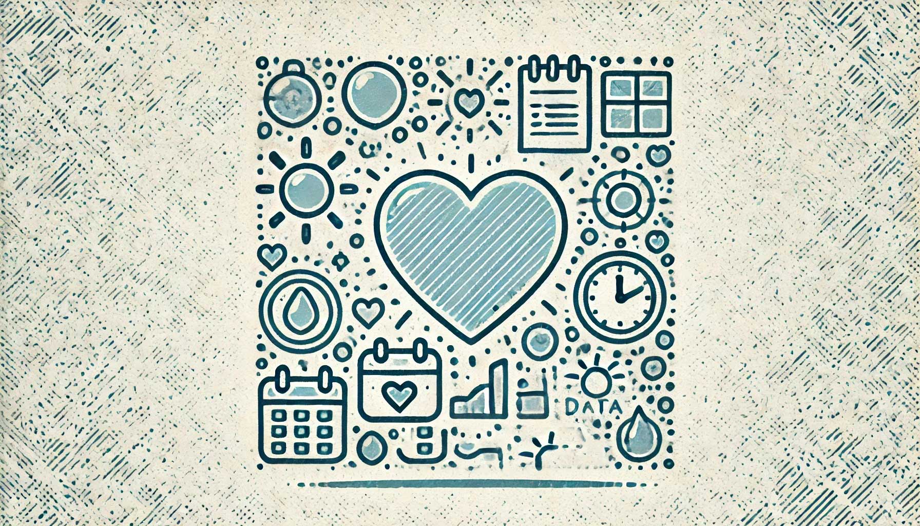 An illustrated square filled with various icons related to health and wellness, centered around a large heart symbol. Icons include clocks, calendars, water droplets, graphs, and sun illustrations, providing contextual data for long-term HRV studies.